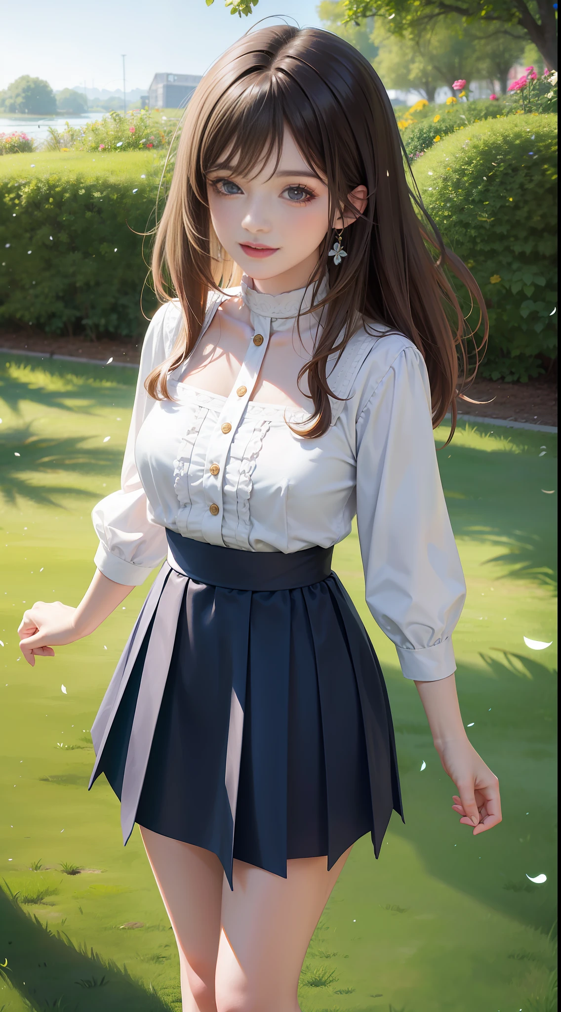 HD, depth of field, sideways, brunette hair, smile, anime, girl, wearing a white blouse, blue pleated skirt, standing on the grass with colorful flowers and plants around her