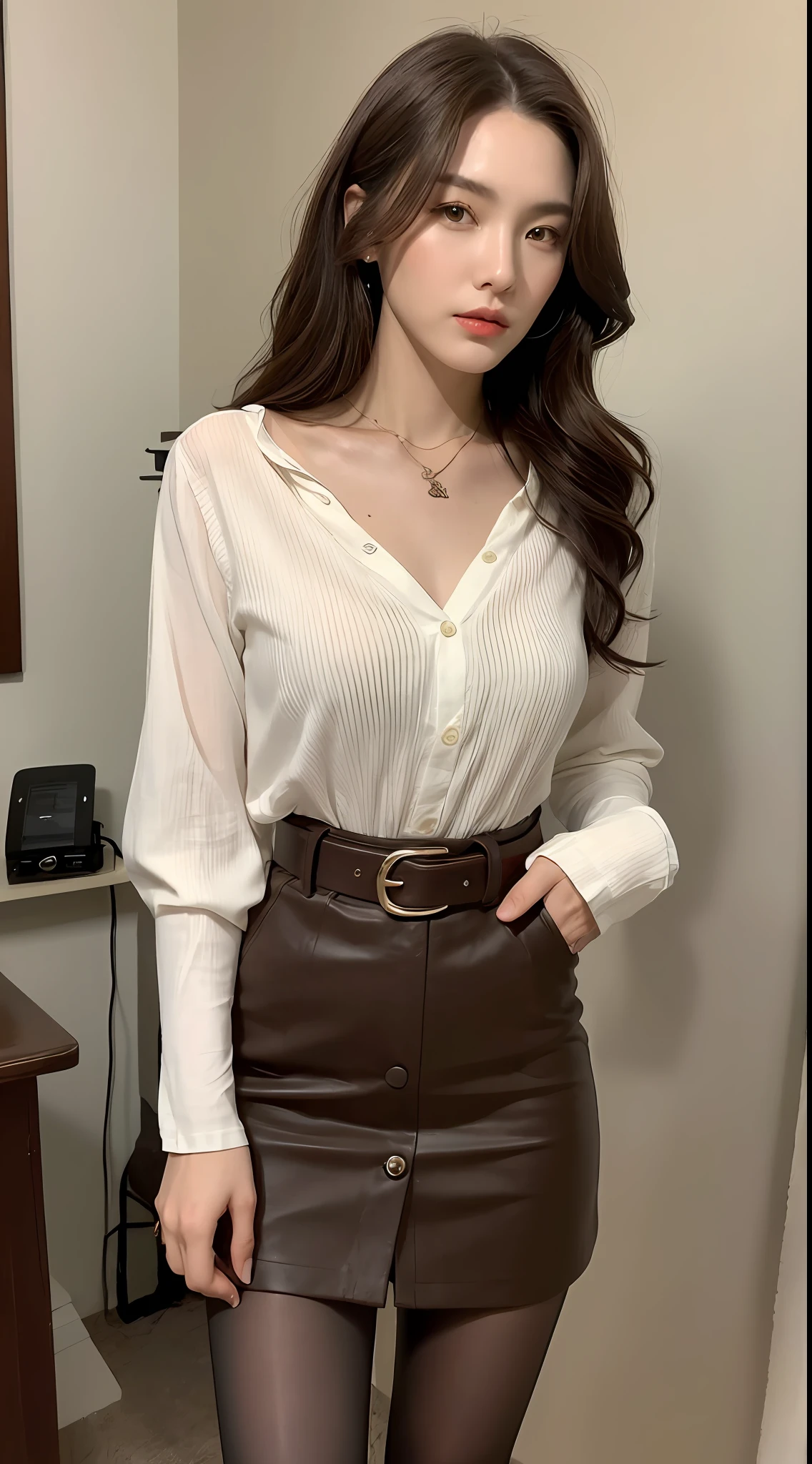 (Best Quality, High Resolution, Masterpiece: 1.3), a tall and beautiful woman, slender abs, dark brown hair in loose wavy styling, breasts, wearing a pendant, white button-down shirt, belt, black skirt, (RV in the background), face and skin texture in beautifully presented details, detailed eyes, double eyelids, dark stockings, slender thighs