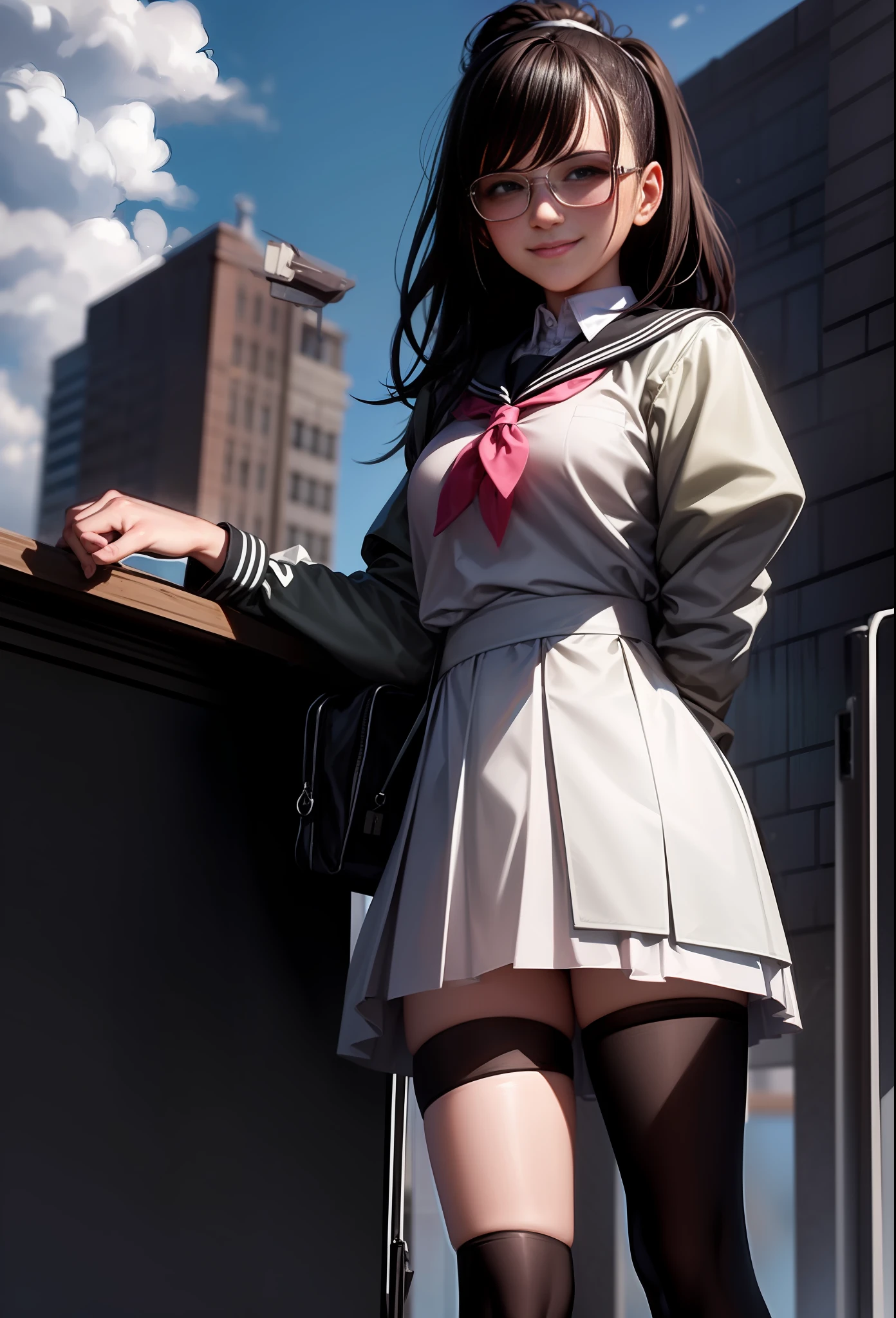 1girl, Walter White, gijinka, anime high schooler uniform, glasses, smiling, stockings, dark brown hair, (masterpiece:1.2), (best quality:1.3), (blush), (aesthetic face). Student ID image.