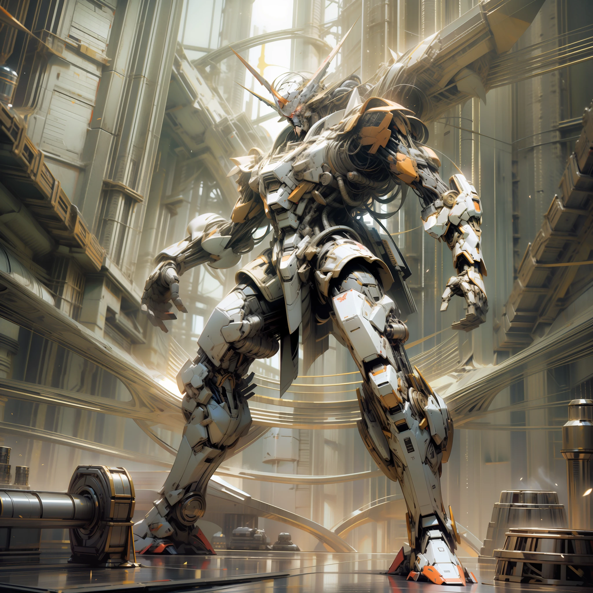 A basaltic Mecha Male warrior, AI, Future, Blockbuster, Gundam, Combat Mecha, Metal Texture, Mecha Animation, fisheye lens, medium lens, Full body, Full body, 3D Art, 3D rendering, 3D model, Realistic, Super Detail, Virtual Engine, Ultra high resolution, remote, megapixel, dynamic and expressive animated gif Wind, Cherry, Grid, hdr,32K, Movie Lighting, Semi-lighting, Natural Lighting, Octane rendering, Studio lighting, Global Lighting, Emphasis Lighting, White Heat Lighting, Luminescence, Optics, long-range shooting, Luminous particles, Tall buildings, cities, 8k