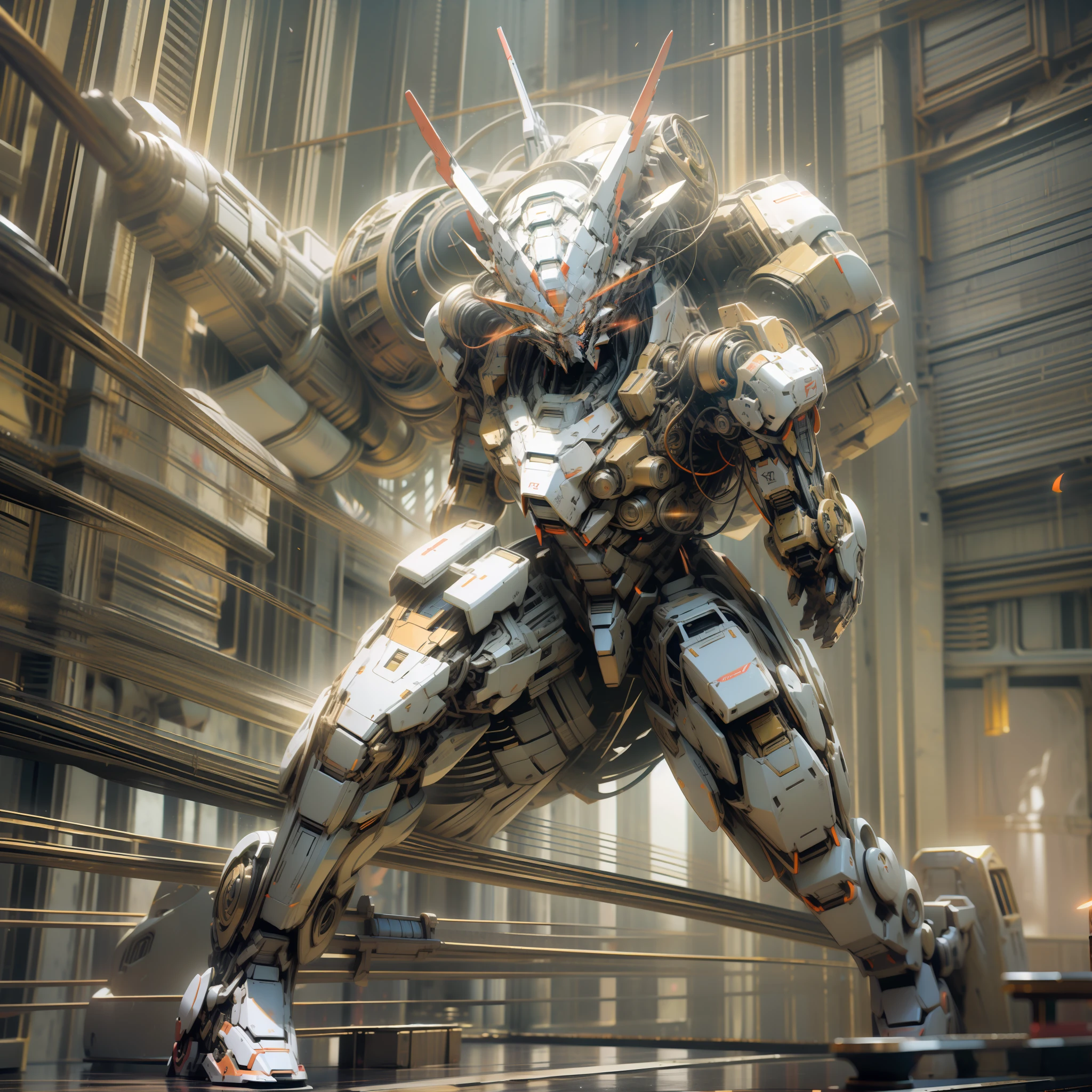 A basaltic Mecha Male warrior, AI, Future, Blockbuster, Gundam, Combat Mecha, Metal Texture, Mecha Animation, fisheye lens, medium lens, Full body, Full body, 3D Art, 3D rendering, 3D model, Realistic, Super Detail, Virtual Engine, Ultra high resolution, remote, megapixel, dynamic and expressive animated gif Wind, Cherry, Grid, hdr,32K, Movie Lighting, Semi-lighting, Natural Lighting, Octane rendering, Studio lighting, Global Lighting, Emphasis Lighting, White Heat Lighting, Luminescence, Optics, long-range shooting, Luminous particles, Tall buildings, cities, 8k