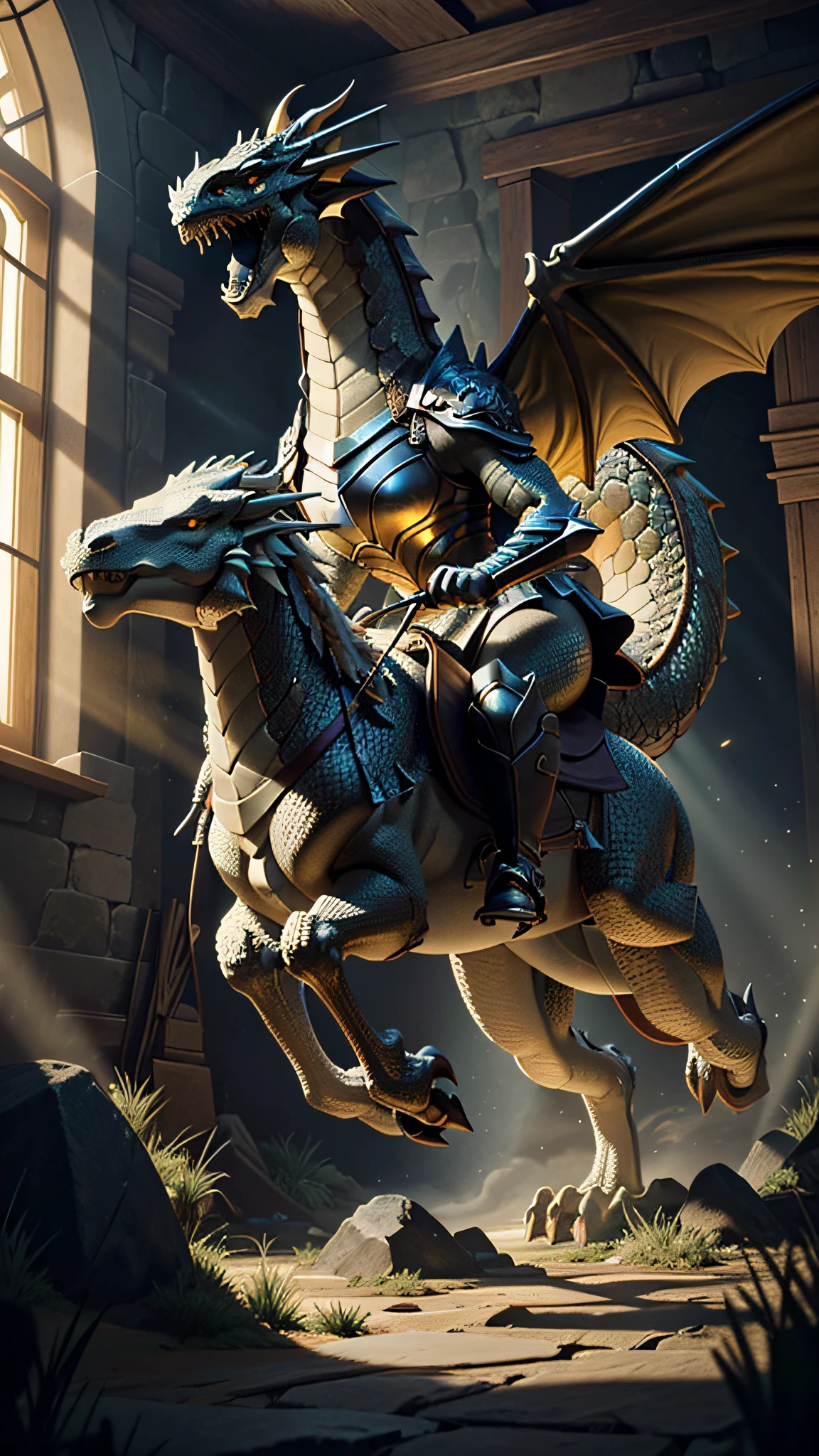 ((Best quality)), ((masterpiece)), (highly detailed:1.3), 3D, (massive dragon:1.2) with women (knight:1.1) riding on back, dragon rider, inspired by D&D, fantasy,(High Dynamic Range),Ray Tracing,NVIDIA RTX,Super-Resolution,Unreal 5,Subsurface scattering,PBR Texturing,Post-processing,Anisotropic Filtering,Depth-of-field,Maximum clarity and sharpness,Multi-layered textures,Albedo and Specular maps,Surface shading,Accurate simulation of light-material interaction,Perfect proportions,Octane Render,Two-tone lighting,Low ISO,White balance,Rule of thirds,Wide aperature,8K RAW,Efficient Sub-Pixel,sub-pixel convolution,luminescent particles,light scattering,Tyndall effect