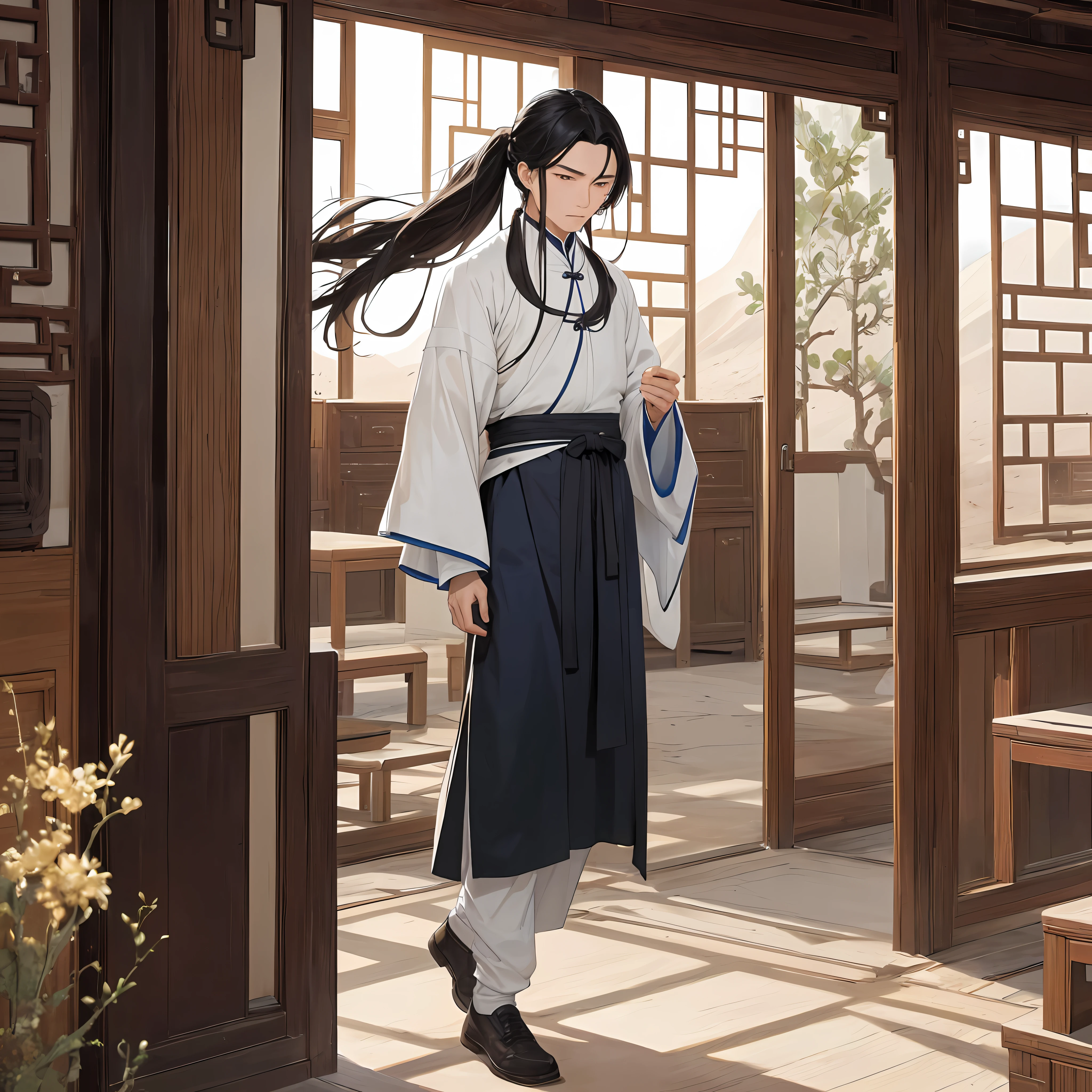 Absurd resolution, high resolution, (masterpiece: 1.4), hyperdetail, ancient Chinese, a man with long black hair, wearing an ancient bachelor's uniform Nanzi walking (1.3), (serious 1.2), wearing ancient Chinese blue underwear pure white, standing in a house in the Chinese Tang Dynasty (1.3), dusk, (walking action 1.5) (desert environment 1.5) (man 1.5)