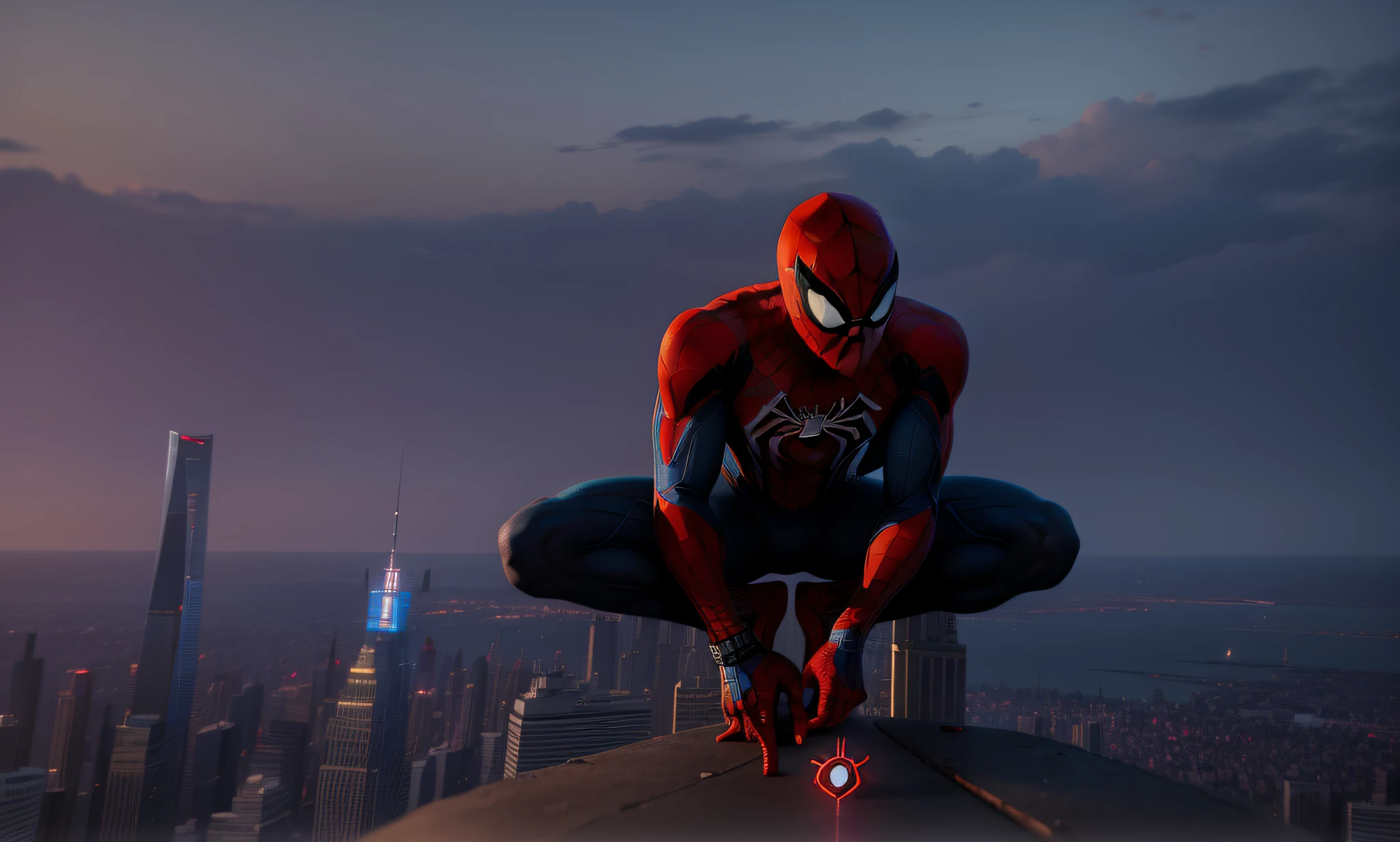 spider - man sitting on a ledge in front of a city, highly detailed spider - man, spider-man, spider - man, peter parker, futuristic style spiderman, hq 4k wallpaper, peter parker as spiderman, portrait of spiderman, hero pose colorful city lighting, spiderman, cg art, ray tracing on, 8k render”, ps5 cinematic screen capture