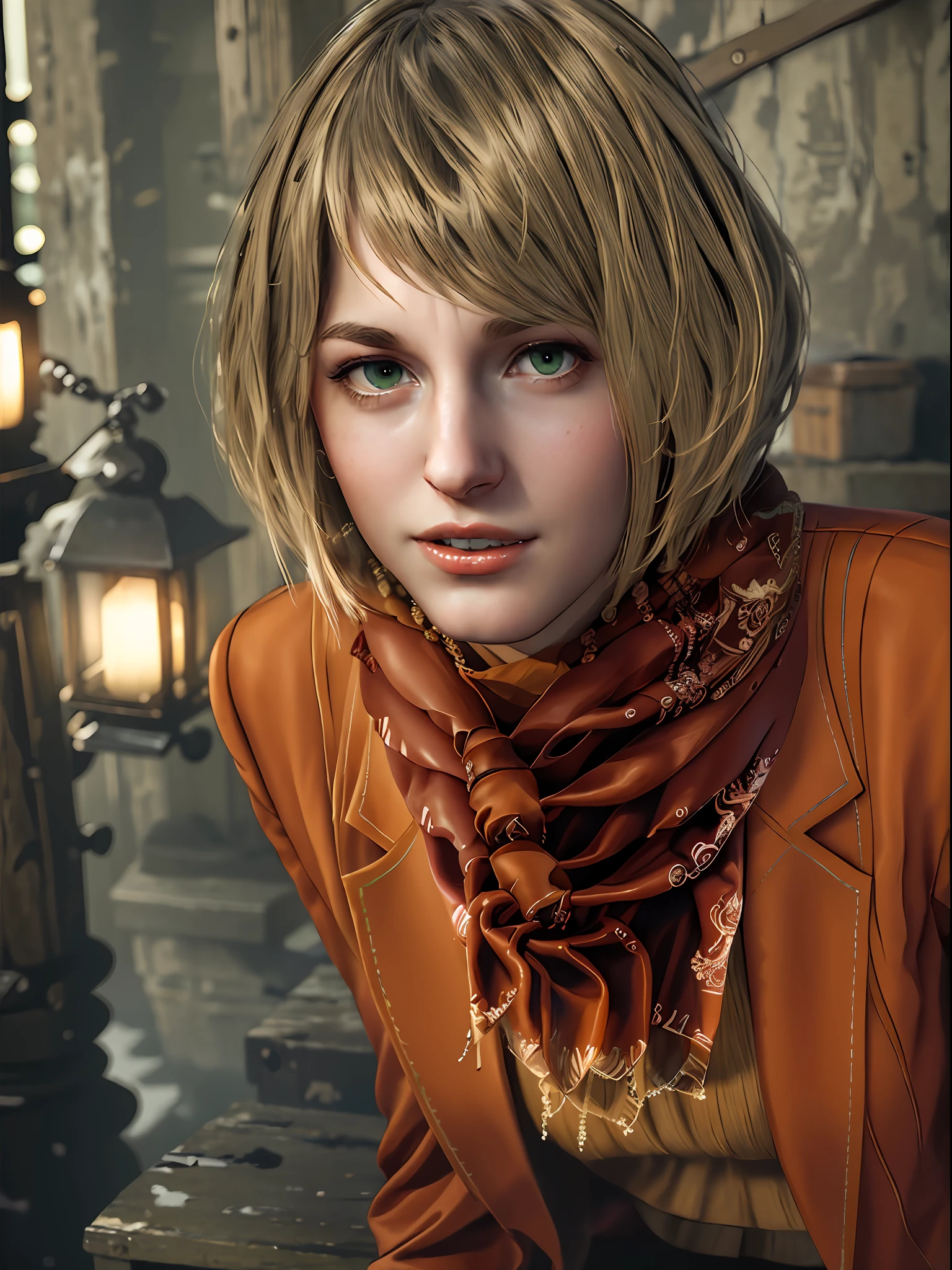 1 girl, solo, close up shot, Ashley Graham from resident Evil 4 Remake, face of Ella Freya, short hair, blonde hair, slim lips, green check pattern short skirt, long sleeves orange jacket, scarf, small necklace, orange sweater inside, black sockpant, dark brown boots, smilling face, detailed face, breast, best quality, high resolution:1.2, 18th century village in the background, shadows, nightime, moonlight, depth of field, center focus