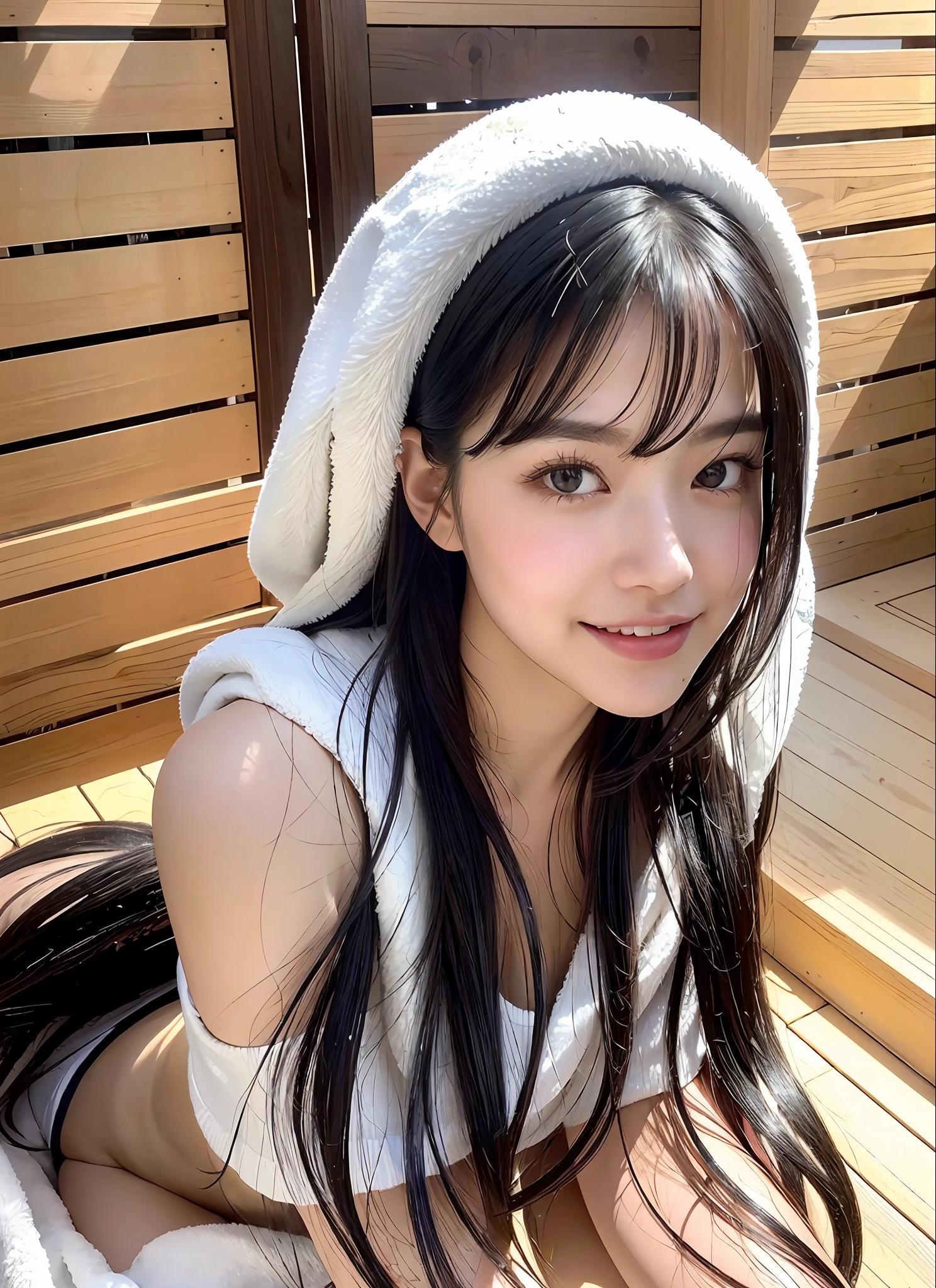 ((top quality, 8k, masterpiece: 1.3)), women (full body portrait, wearing a hooded poncho of thin towel fabric (white), wearing a white T-shirt and shorts on the underwear, smile, inside_sauna: 1.6), in the sauna room, overhead camera, sharp focus: 1.2, cute women: 1.4, ((long hair, black hair)), Highly detailed face and skin and hair texture, detailed eyes, double eyelids, white skin, beautiful legs, beautiful delicate nose, wet hair, wet body, cute young Japan woman, 26 years old, wearing a bath towel on her head, at a dynamic angle, pleasant to the eyes, while highlighting the subject's hair, eyes, mouth and action, while exuding happy emotions, characterized by a contrasting mix of calm tones and light and shadow, It is a thought-provoking composition.