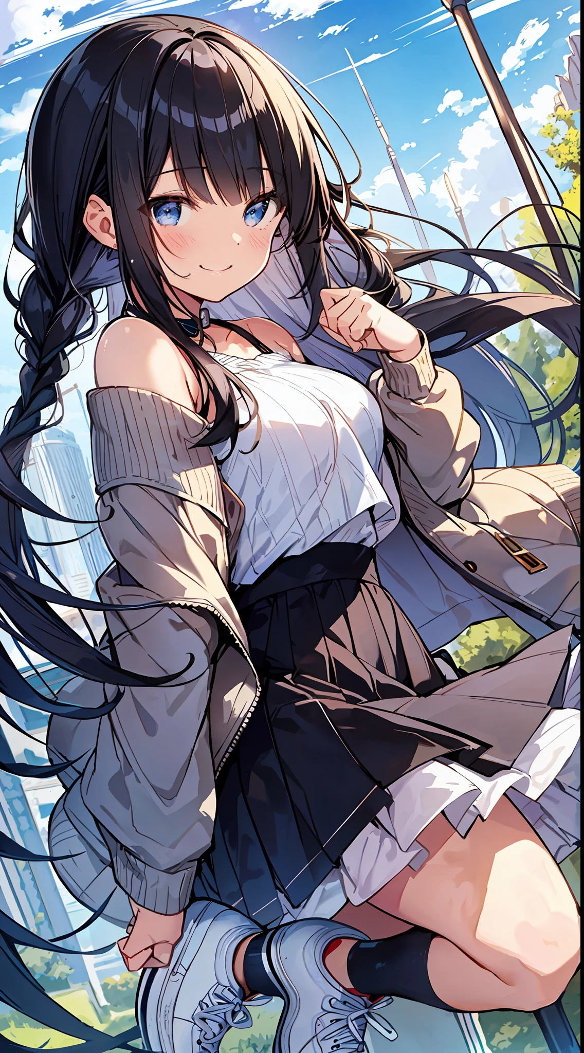 Top Quality, Masterpiece, Ultra High Definition, 8K, Summer Sky, Early Summer, (Flared Skirt, Jacket, Sneakers), Shojo Manga Style , One, Soft Line Art, Digital Enhancement, Shojo Manga Touch, Shoujo Manga Core, Flowing Fabric, Close Up, (Hair length to the shoulders and short braids)), Wet hair, Soft drawing, Beautiful black hair, Clear eyes, (( Teasing smile)), ultra-detailed digital anime art, clear face depiction, ultra-detailed shoujo manga character art, clear facial features, ultra-detailed manga style, top quality colors, hand gestures, landscape with nature, looking up at the sky, angle that can be seen up to the feet
