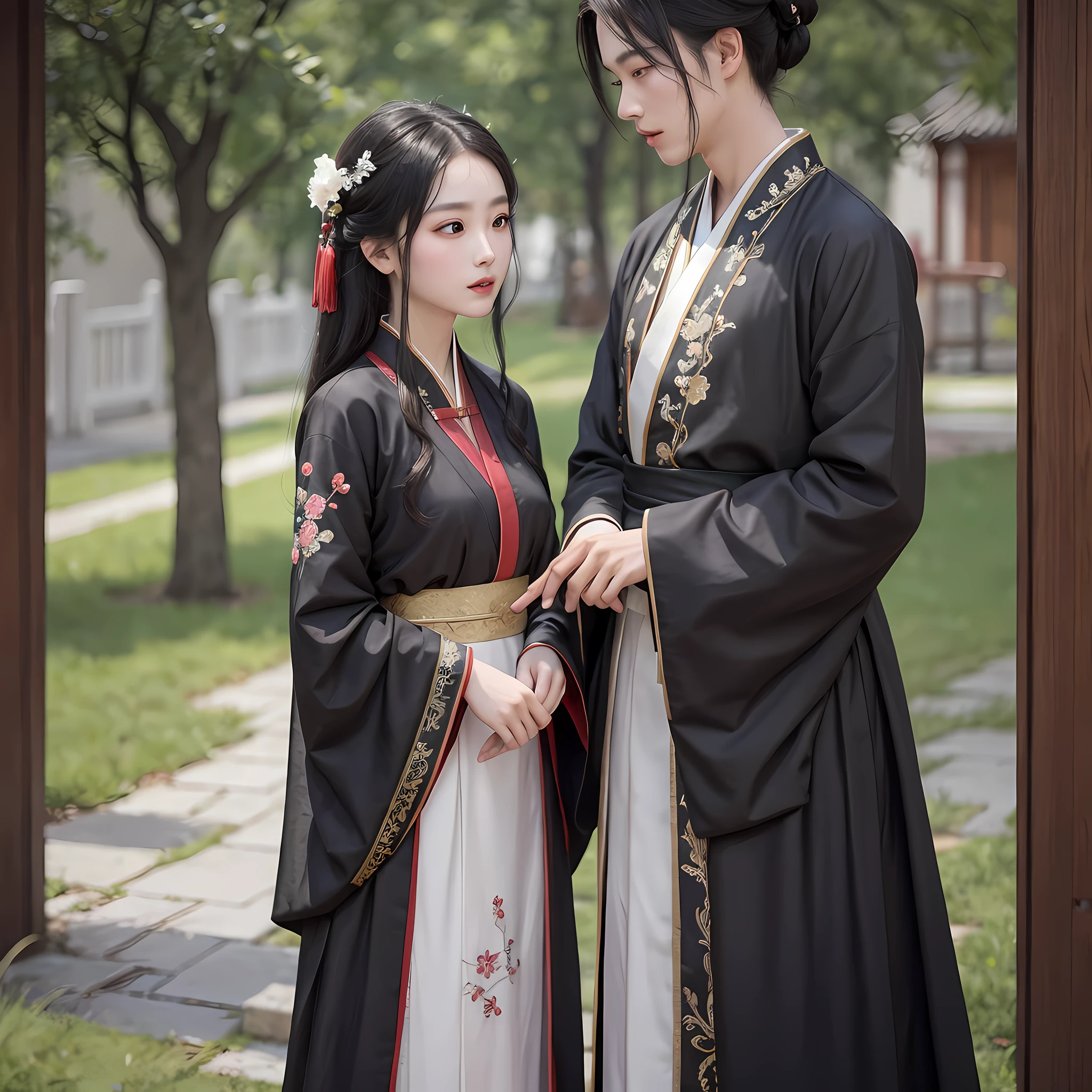 A ager dressed in ancient slim clothes and a girl in gorgeous Hanfu are talking. The boy's style dressed in black is very simple and smooth, showing his youthful vitality and confidence. The Hanfu girl wore a gorgeous red long dress with exquisite embroidery on the skirt, which looked very elegant. She turned her face sideways and turned slightly to the teen, and the two looked at each other, with an ancient Chinese manor road in the background --auto --s2