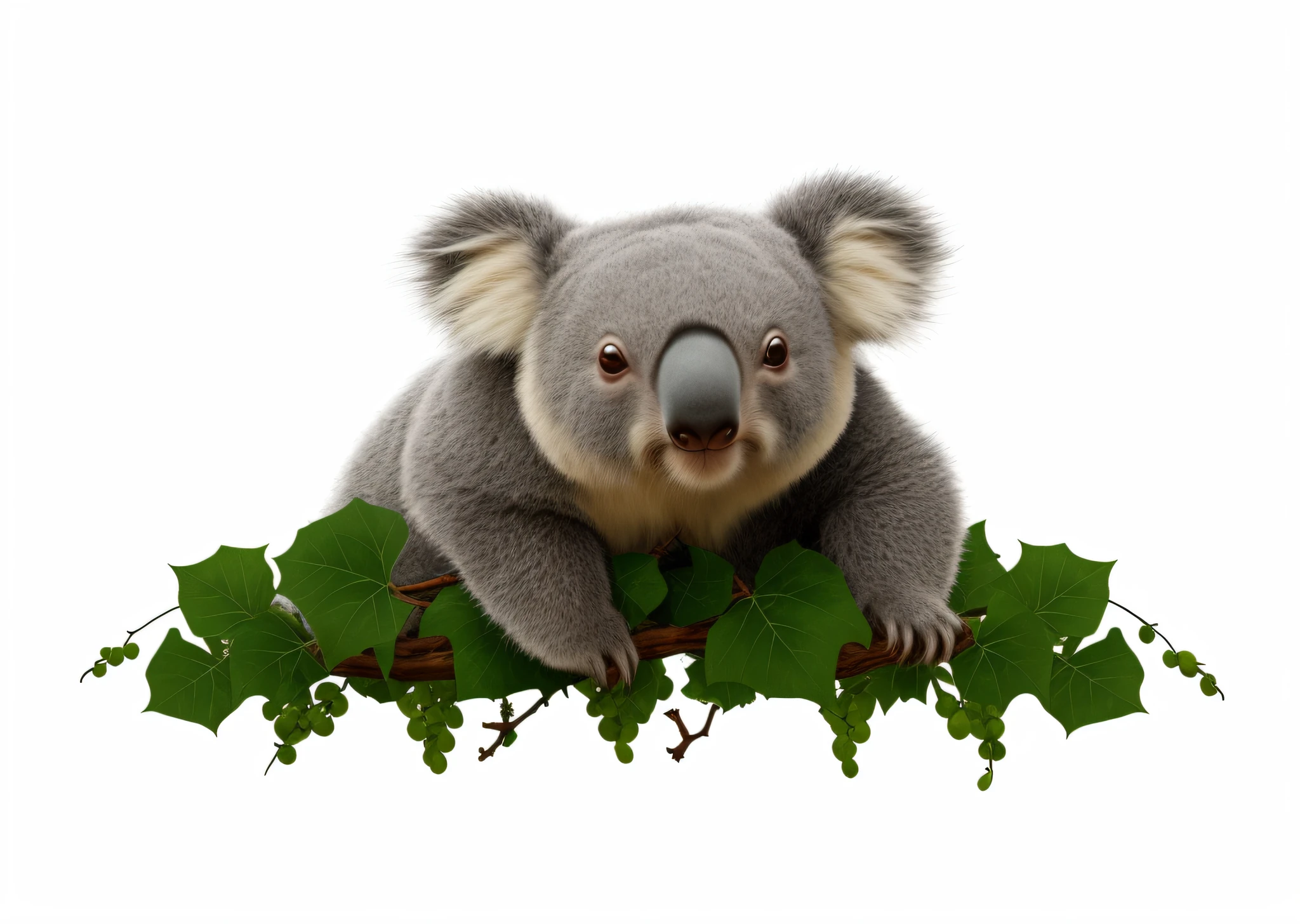 There is a koala bear sitting on the branch of a vine, sketching sketches
