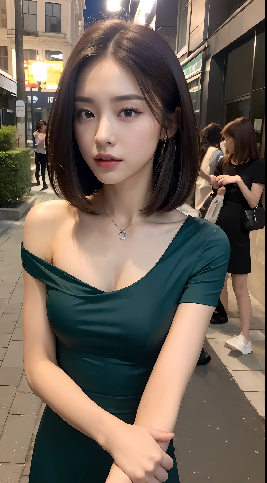 ((Realistic lighting, Best quality, 8K, Masterpiece: 1.3)), Focus: 1.2, 1girl, Perfect Body Beauty: 1.4, Slim Abs: 1.1, ((Dark Brown Hair)), (Aqua Dress: 1.4), (Outdoor, Night: 1.1), City Street, Super Fine Face, Fine Eyes, Double Eyelids,