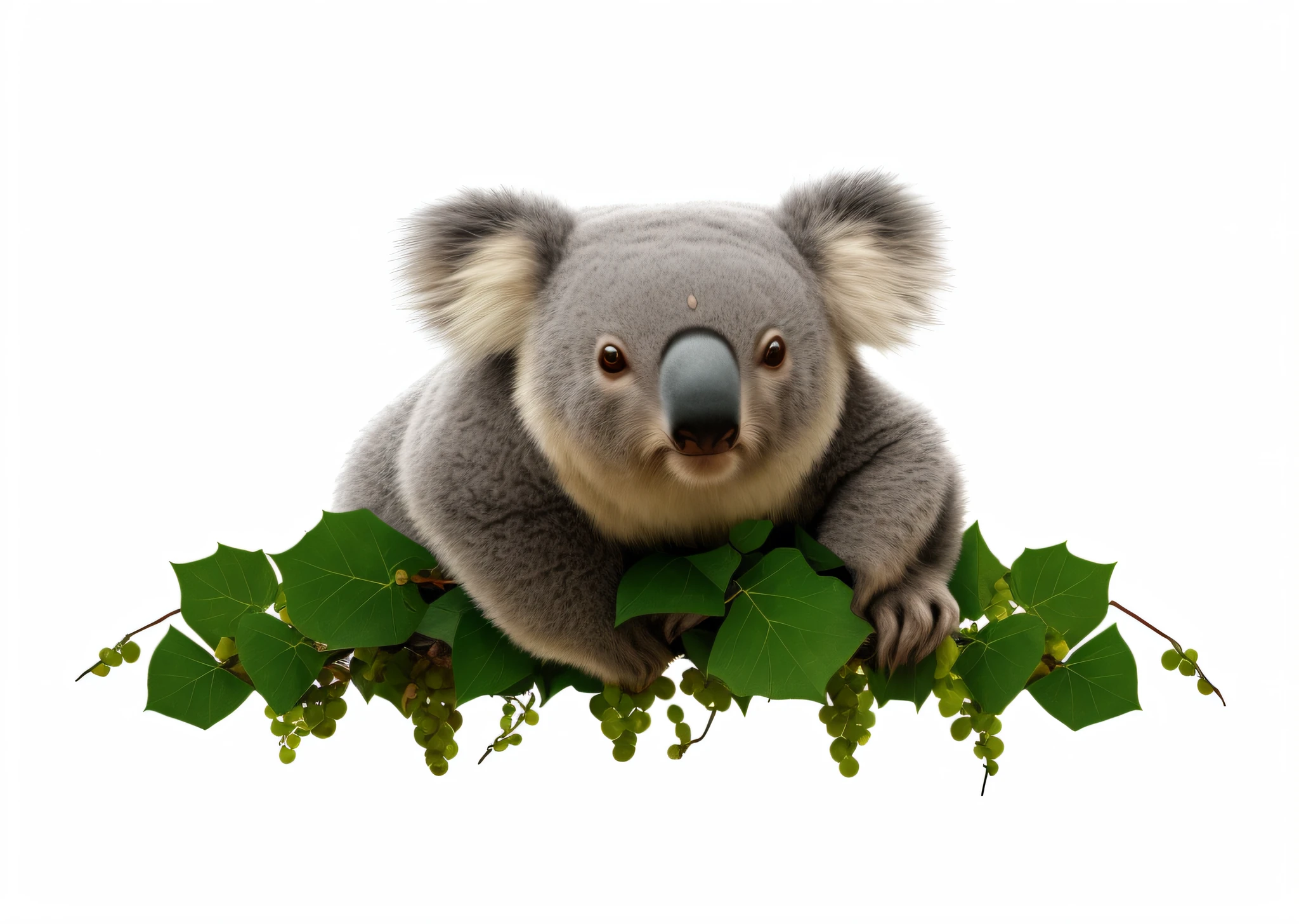 There is a koala bear sitting on the branch of a vine, sketching sketches