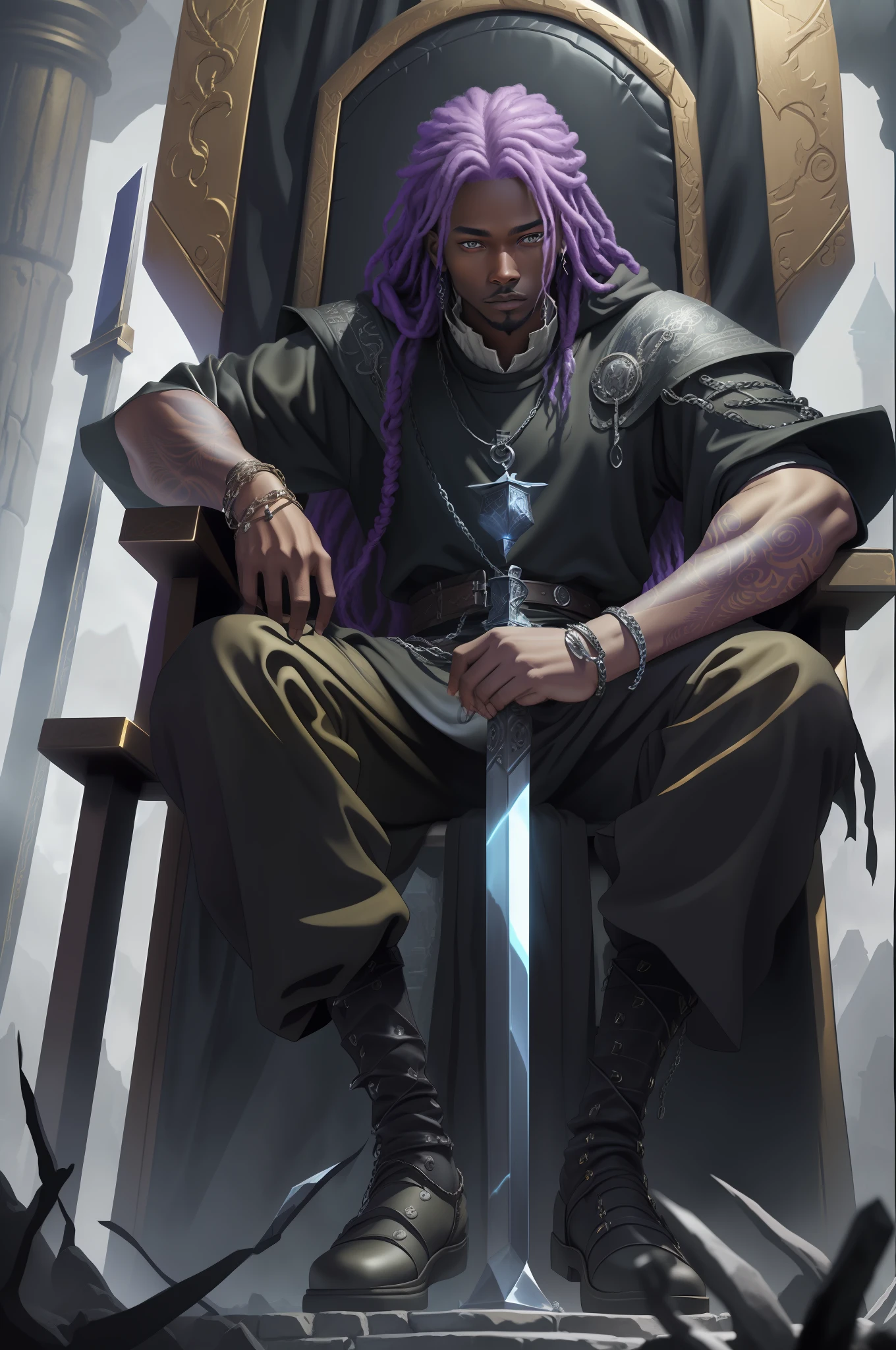 (ultra-detailed, extremely detailed CG unity 8k wallpaper, best quality, masterpiece),sitting on a throne of spades, alonein studio,with gold necklaces and bracelets,the best of all, purple dreads hair,big and bright eyes,wearing black clothes,(Game of Thrones-inspired environment, castle environment:1.3,medieval environment:1.2,fantasy environment),dark skin tone.