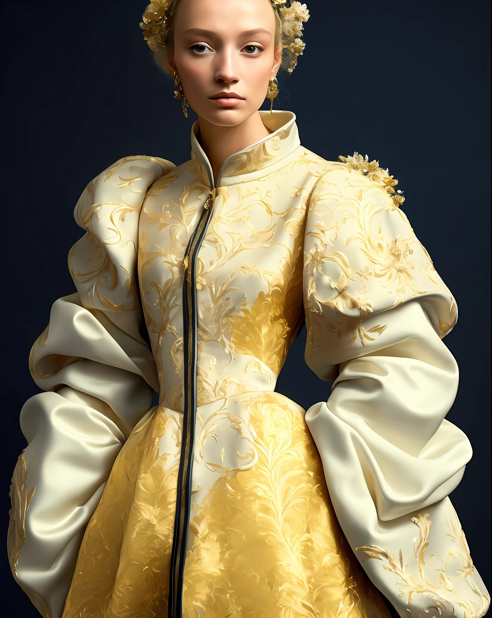 arafed image of a woman in a white and gold jacket, inspired by Alessandro Allori, inspired by Hendrick van Balen, inspired by Mathieu Le Nain, inspired by Louis Le Nain, iris van herpen rankin, inspired by Emanuel de Witte, inspired by Jacob de Gheyn II, inspired by Agnolo Bronzino