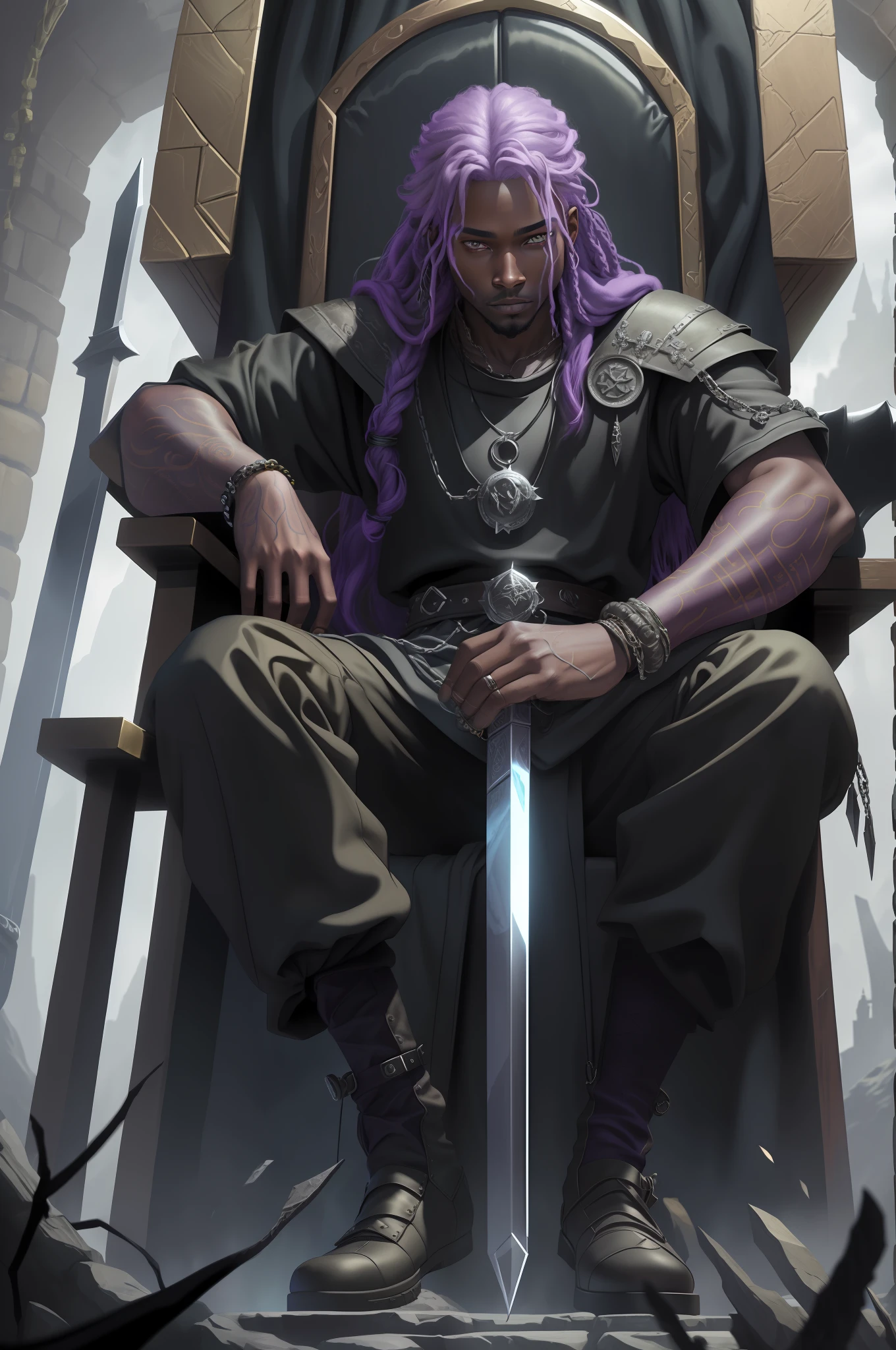 (ultra-detailed, extremely detailed CG unity 8k wallpaper, best quality, masterpiece),sitting on a throne of spades, alonein studio,with gold necklaces and bracelets,the best of all, purple dreads hair,big and bright eyes,wearing black clothes,(Game of Thrones-inspired environment, castle environment:1.3,medieval environment:1.2,fantasy environment),dark skin tone.
