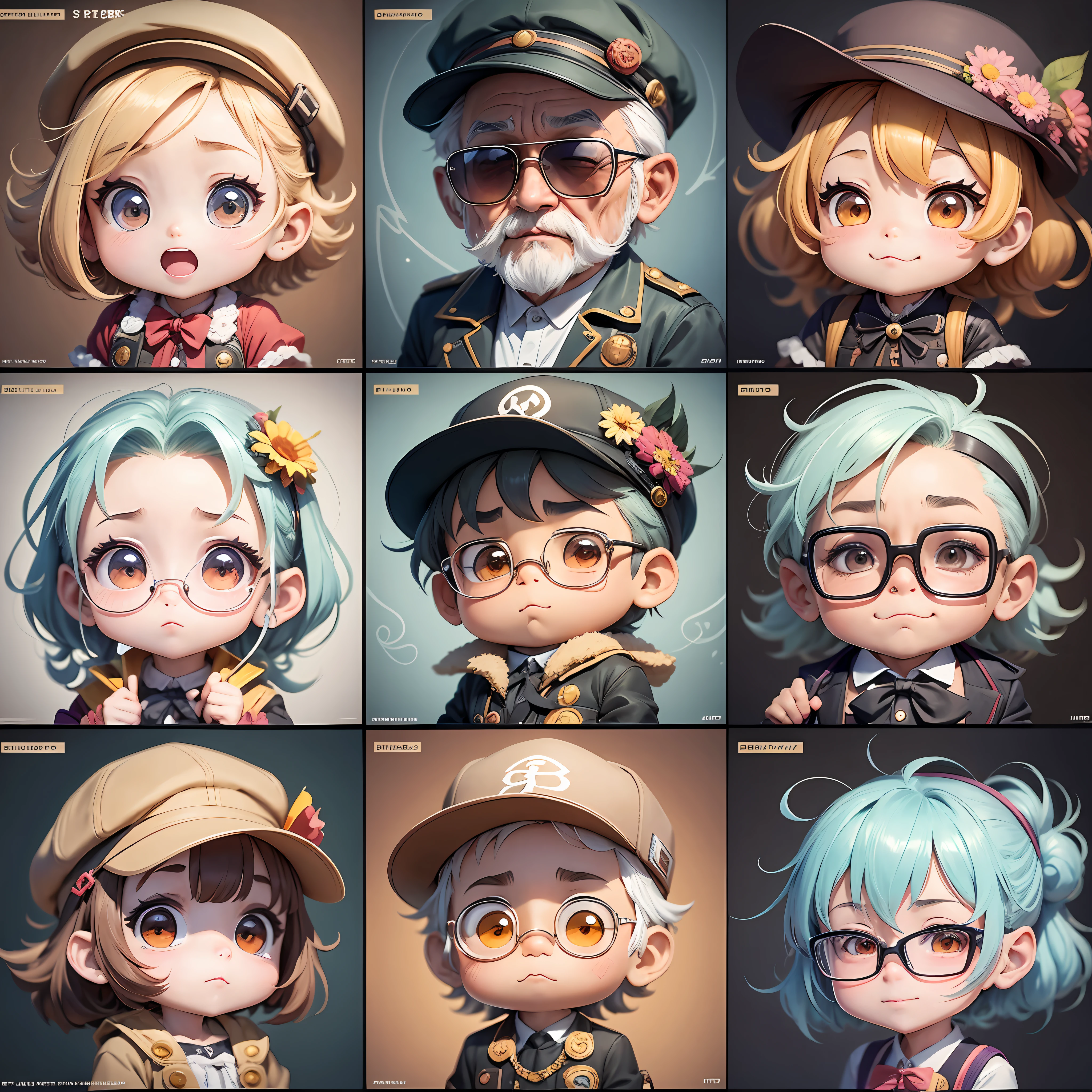 The costumes of the characters are summery, 6 anime character stickers with different expressions, downtown uncle collection style, anime uncle art style, old man front line style, old man art style, uncle style, official artwork, chibi art, pixiv, old man style, kimo cute artwork, 8K!!, various poses, Trending on Art Station pixiv --auto --s2