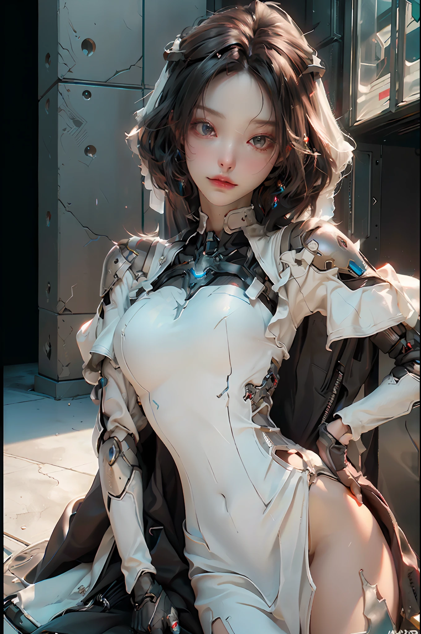 (Best Quality), ((Masterpiece)), (Detail: 1.4), 3D, (A Beautiful Cyberpunk Woman: 1.5), HDR (High Dynamic Range), Ray Tracing, NVIDIA RTX, Super-Resolution, Unreal 5, Subsurface Scattering, PBR Texture, Post-processing, Anisotropic Filtering, Depth of Field, Maximum Sharpness and Sharpness, Multi-layer Textures, Albedo and Highlight Maps, Surface Shading, Accurate simulation of light-material interactions, perfect proportions, Octane Render, two-color light, large aperture, low ISO, white balance, rule of thirds, 8K RAW, large breasts, long black hair, delicate facial features, red and black color mix mech,