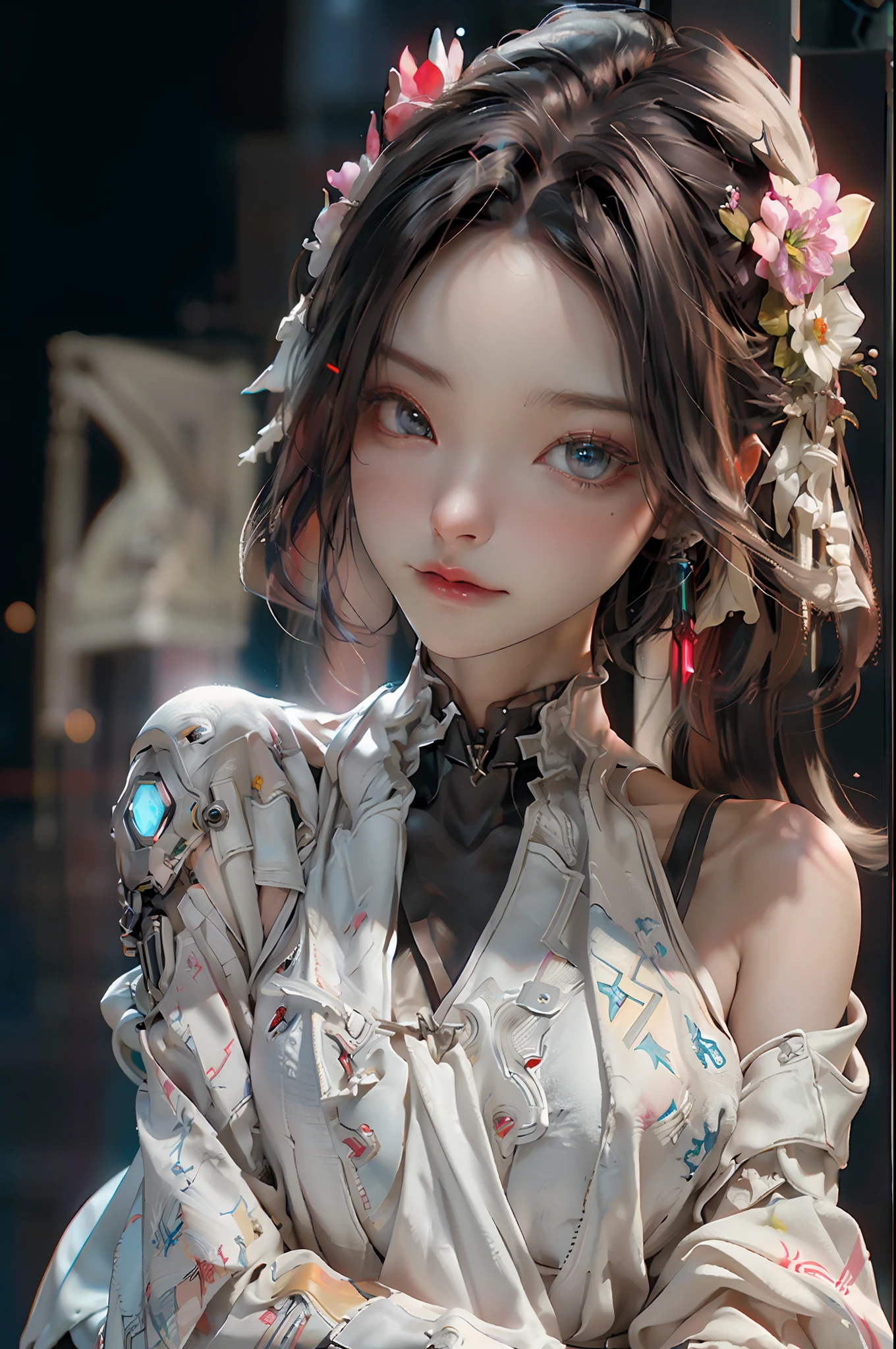 (Best Quality), ((Masterpiece)), (Detail: 1.4), 3D, (A Beautiful Cyberpunk Woman: 1.5), HDR (High Dynamic Range), Ray Tracing, NVIDIA RTX, Super-Resolution, Unreal 5, Subsurface Scattering, PBR Texture, Post-processing, Anisotropic Filtering, Depth of Field, Maximum Sharpness and Sharpness, Multi-layer Textures, Albedo and Highlight Maps, Surface Shading, Accurate simulation of light-material interactions, perfect proportions, Octane Render, two-color light, large aperture, low ISO, white balance, rule of thirds, 8K RAW, large breasts, long black hair, delicate facial features, red and black color mix mech,