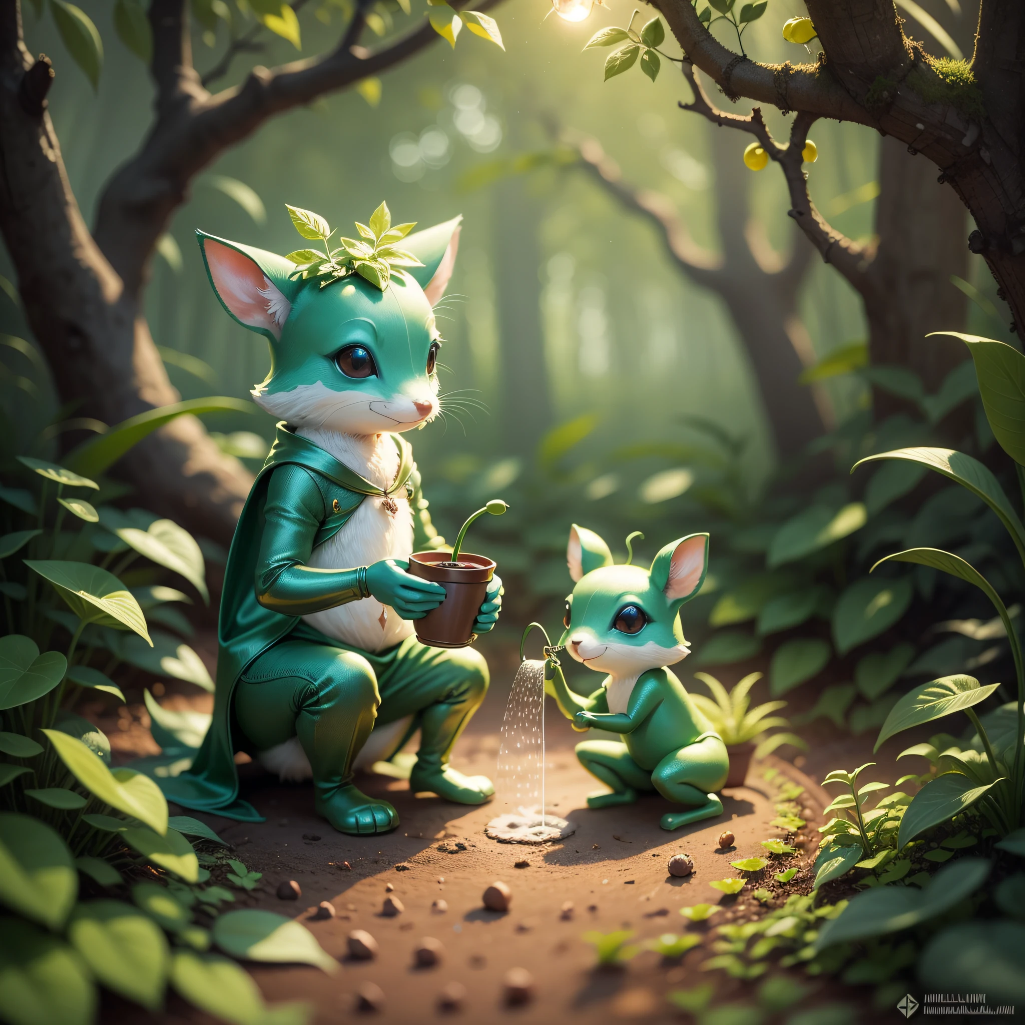 nimal ant, watering little plants in the enchanted forest. iluminada por vagalumes. enchanted world. infantile. magical. --auto --s2