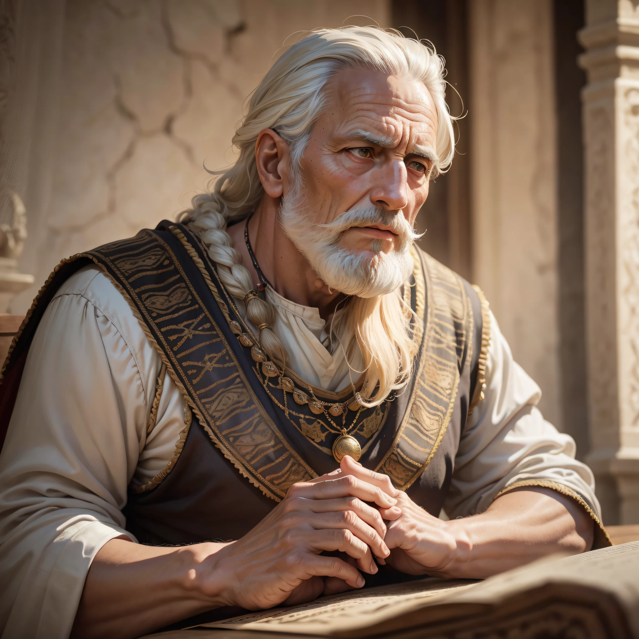 Size 16 by 9, King Saul, an older man, watching David from afar, with a curious and intrigued expression, RAW photo, small details, photorealistic, ultra-realistic photo, 8k uhd, dslr, soft lighting, high quality, film grain, Fujifilm XT3, (masterpiece). --auto --s2