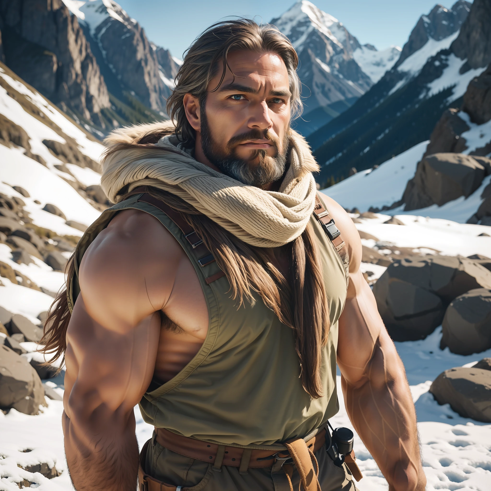 A man with robust and sturdy  physique, chiseled facial features, thick and unkempt hair, deep and wise eyes, weathered and bronzed skin,Clothed in earth-toned attire, he wears rugged outdoor gear that reflects his connection to the wilderness, Mountain man, vkings looks snow mountain 
fascinating background, Eye catching photo, Masterpiece picture,nikon d850 film stock photograph 4 kodak portra 400 camera f1.6 lens rich colors hyper realistic lifelike texture dramatic lighting unreal engine trending on artstation cinestill 800,8k
