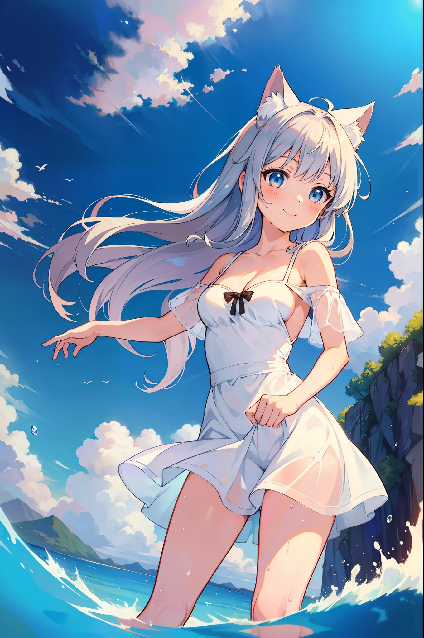 (Masterpiece), (Top Quality Anime Illustration), (Super Definition), One Girl, Solo, Beautiful Girl with Silver Hair, Anime , Cat Ear Lolitite, Cleavage Emphasis, Side Boob, Thigh Emphasis, White Sundress, Off Shoulder, Wet Sheer, Smile, South Island Sea, Water