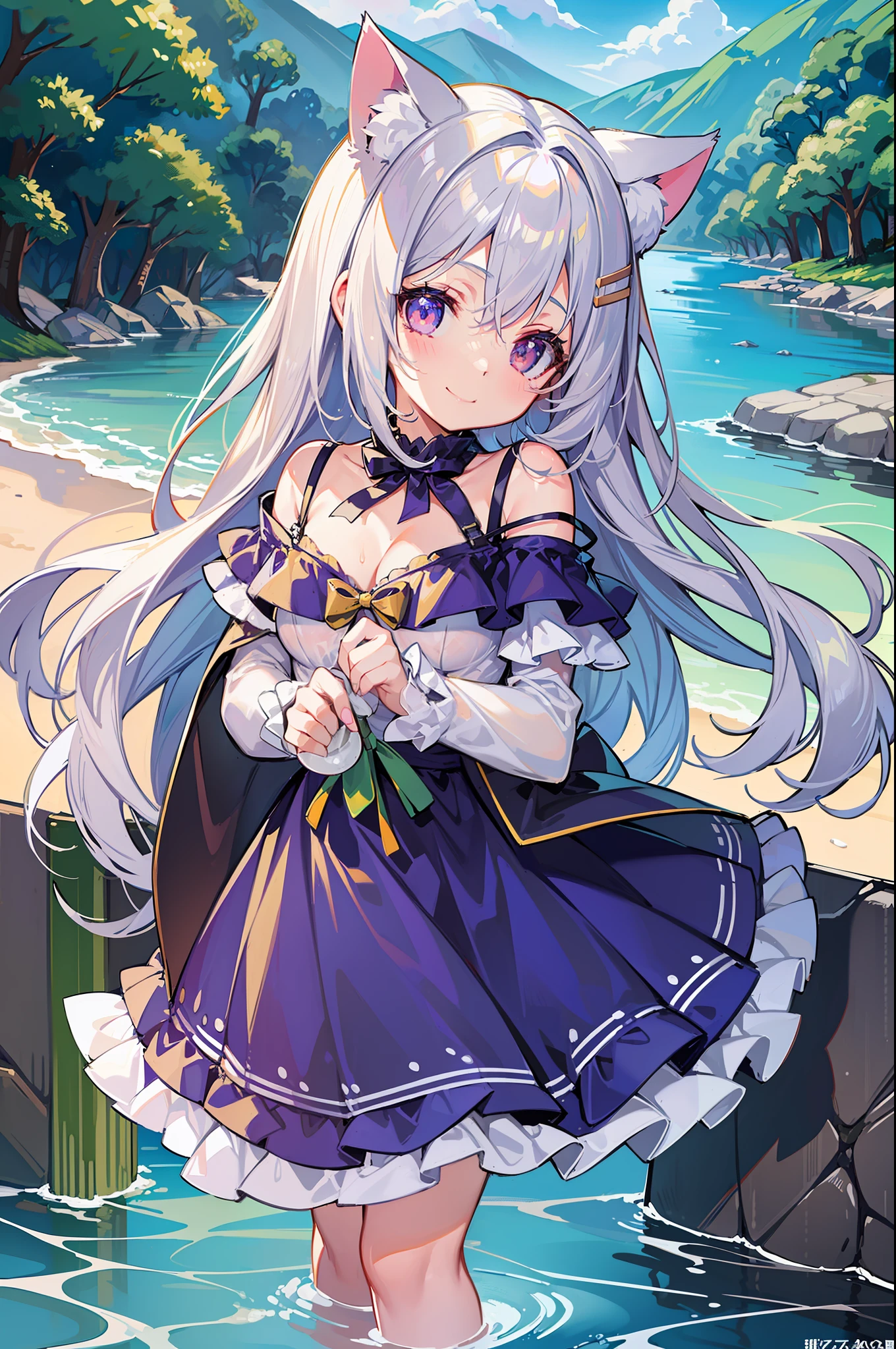 (Masterpiece), (Top Quality Anime Illustration), (Super Definition), One Girl, Solo, Beautiful Girl with Silver Hair, Anime Loli, Cat Ear Loli, Petite, Cleavage Emphasis, Side Boob, Thigh Emphasis, White Sundress, Off Shoulder, Wet Sheer, Smile, South Island Sea, Water