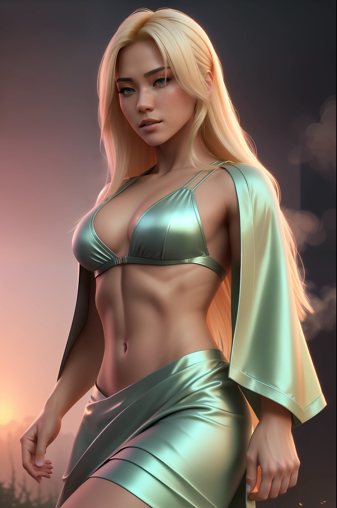 (super detailed), high resolution 8k wallpaper, best quality, full body, (highly detailed hair: 1.4), smoke, fog, (dark forest: 1.1), bokeh, neutral colors, (hdr: 1.5), ((Pastel Colors)), Fantasy Style, Increate Scene, artstation, Super Detailed, Dramatic Lighting, Increate Detail, [Vignette], Increate Background, ( (((Movie Look)))), Soothing Tones, Increate Detail, Ultra Detail, (wide angle), real, focused, dynamic pose, muscular thai woman with blonde hair,  strong, robe, upper body, blond hair, tousled hair