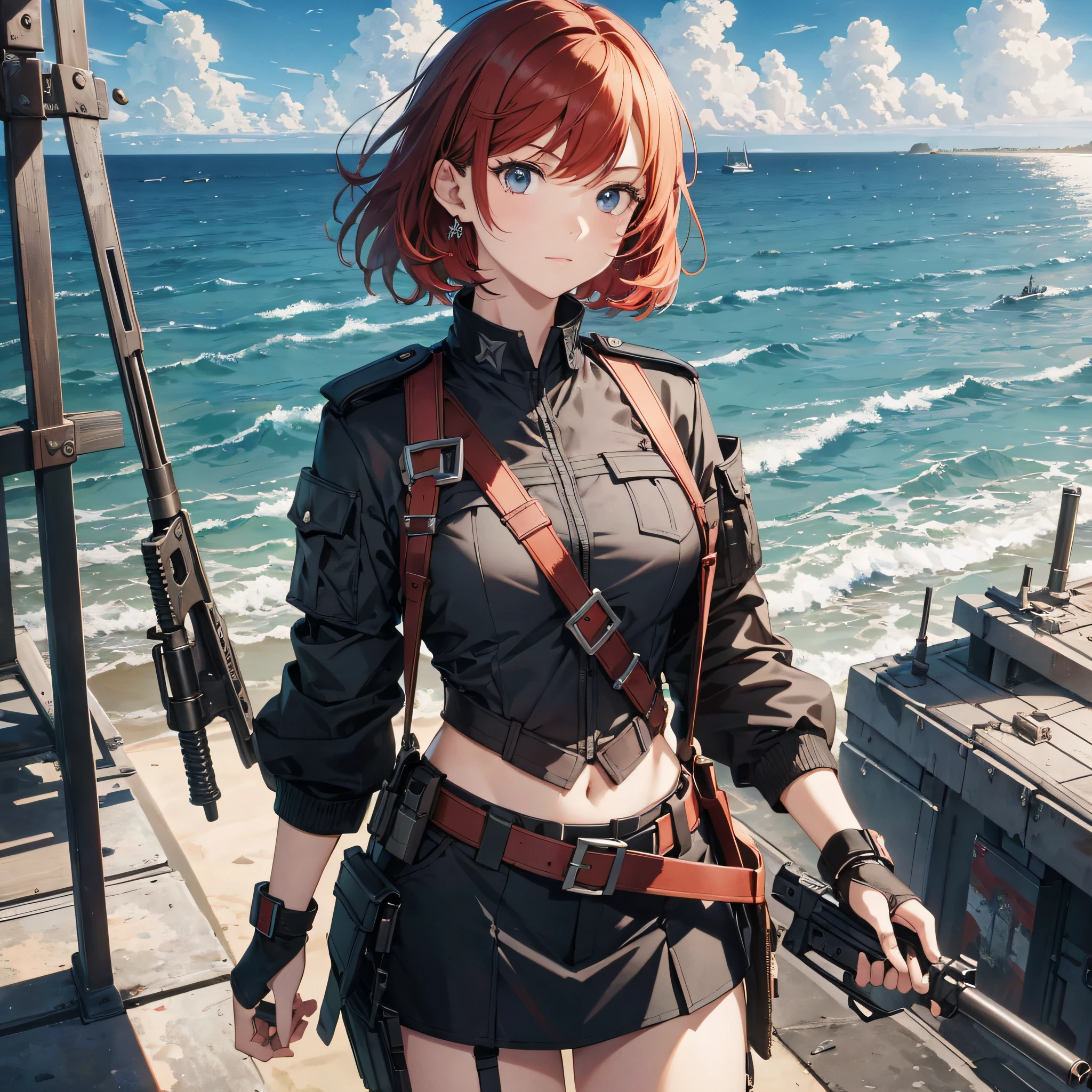 Absurd resolution, high resolution, (masterpiece: 1.4), hyper-detail, weapons testing site at an empty dock by the sea, 1 young woman, short red hair, soldier costume, very serious expression