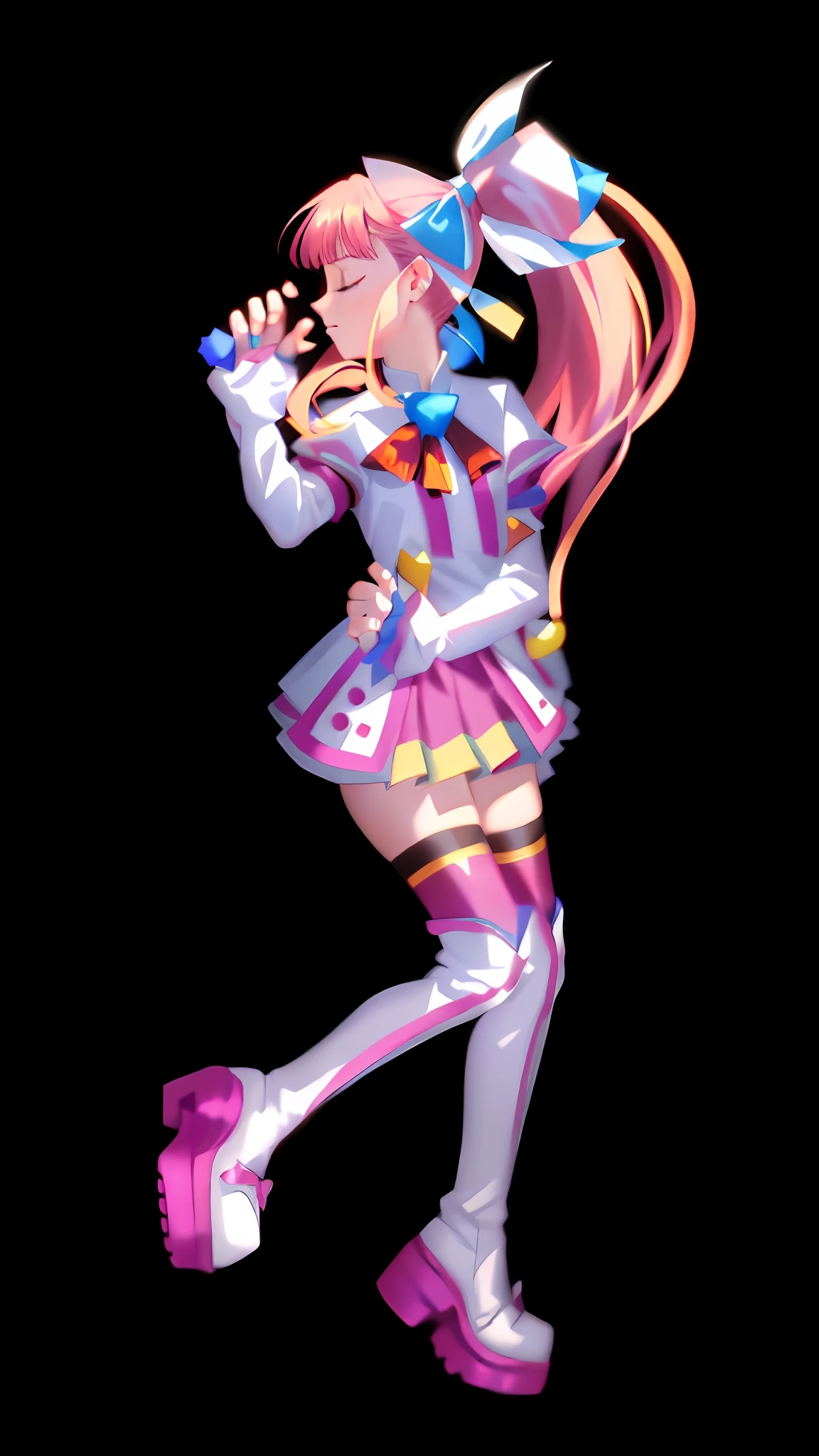 (Masterpiece: 1.5), (Best quality: 1.5), 8k, (Perfect hand: 1.5), 1 girl, eyes closed, mouth closed, pink hair, single ponytail, white top, pink pleated skirt, pink over-the-knee socks, white boots, (no background: 1.5), skinny legs, (cat's claw gesture: 1.5), (perfect hands: 1.5), (five fingers: 1.5),