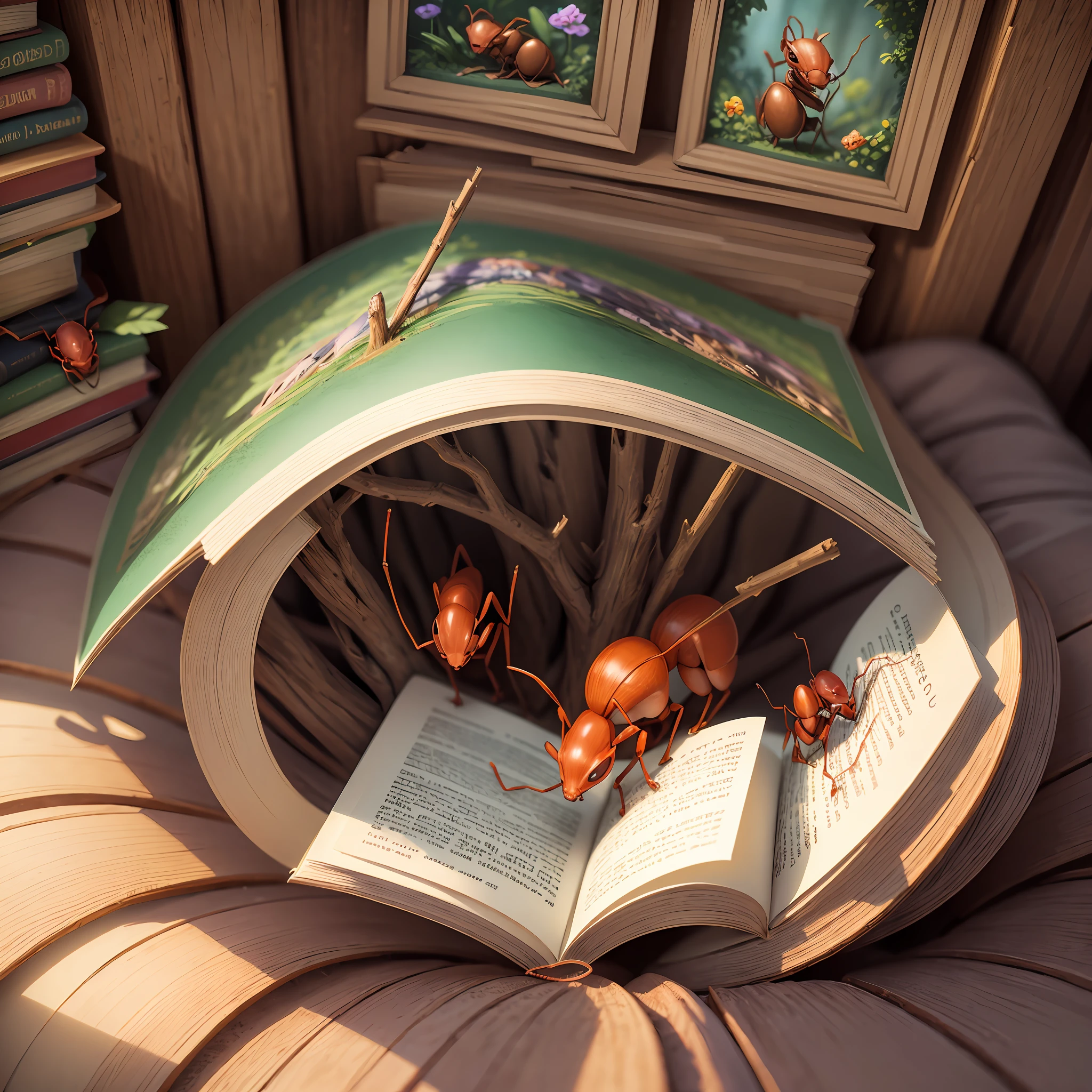 animal ants, reading little books on the bed made of sticks. enchanted world. enchanted forest. --auto --s2