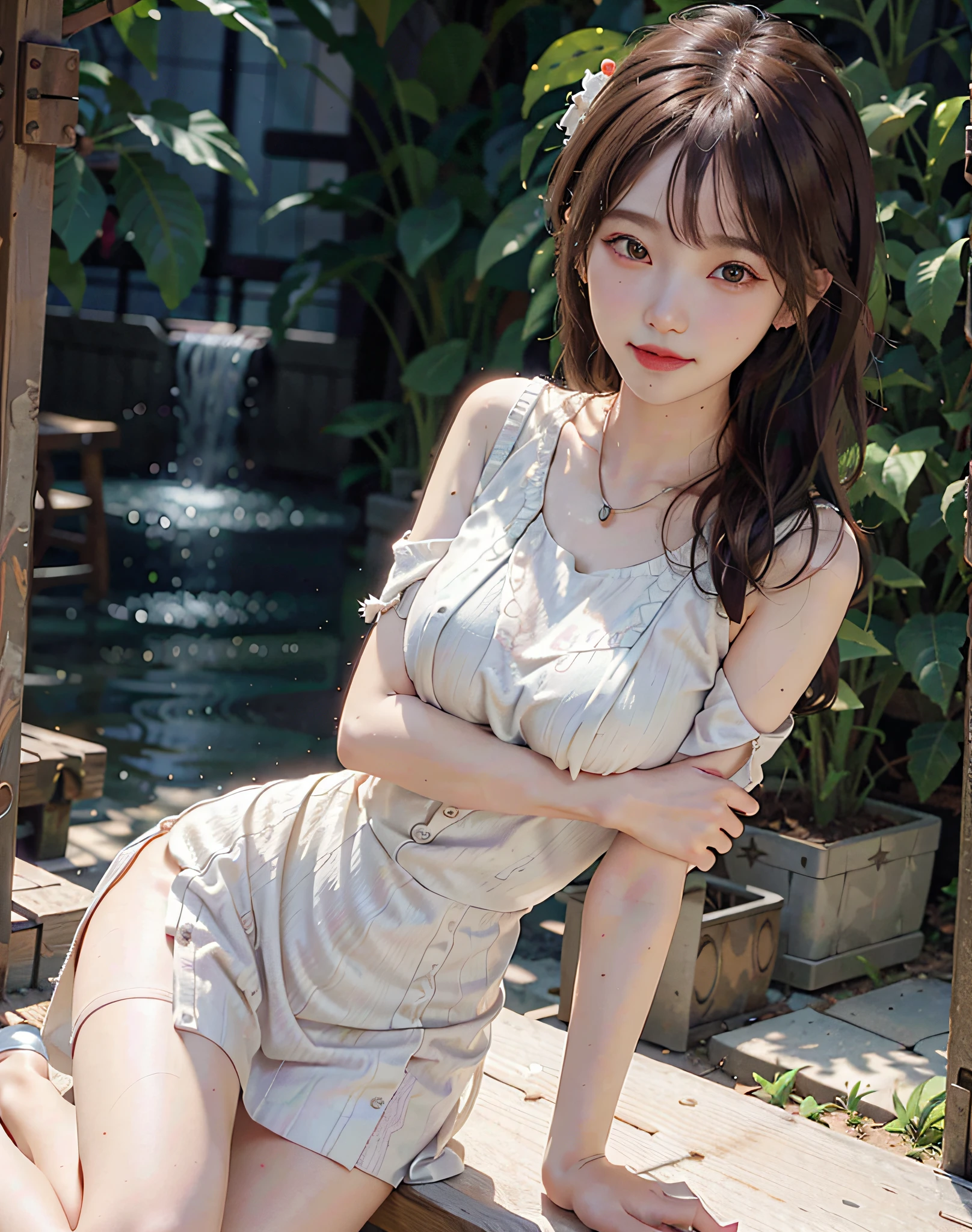 8k,(RAW photo),(best quality), (photo-realistic:1.4),realistic skin texture 1girl,Cute,Double eyelid,bangs,full body,petite,Thin leg,(Slender figure),slim,smile,headgear,earrings,necklace,looking at looking at viewer,face focus,depth of field,club ,(Bust Up Shot:1),Bokeh,,