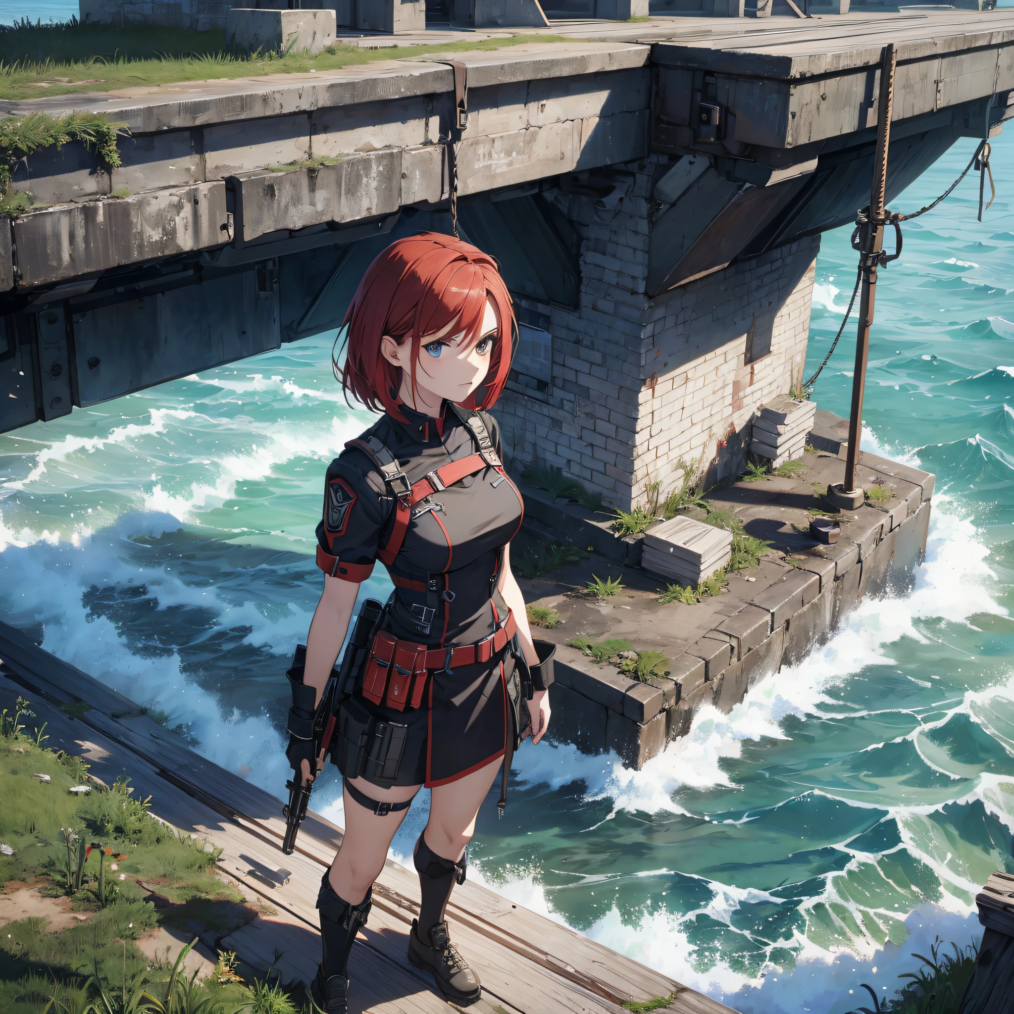 Absurd resolution, high resolution, (masterpiece: 1.4), hyper-detail, weapons testing site at an empty dock by the sea, 1 young woman, short red hair, soldier costume, very serious expression