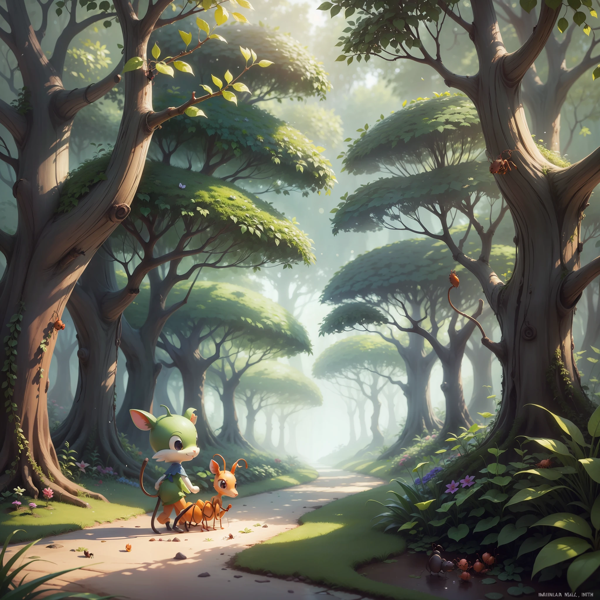 nimal ant, watering little plants in the enchanted forest. enchanted world. infantile. magical. --auto --s2