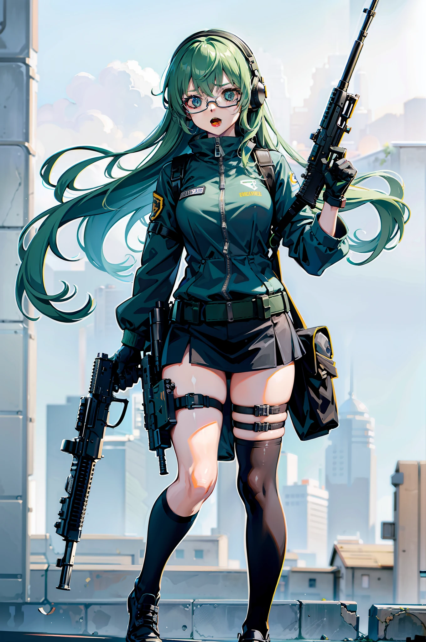 ((best quality)), ((masterpiece)), 1girl, ak-47, assault rifle, blue eyes, bullpup, full body, gloves, green hair, gun, handgun, headset, heckler & koch, holding and aiming gun, holding weapon, holster, kalashnikov rifle, kochiy sanae, m4 carbine, open mouth, pistol, rifle, solo, submachine gun, suppressor, thigh holster, thigh strap, trigger discipline, weapon, glasses