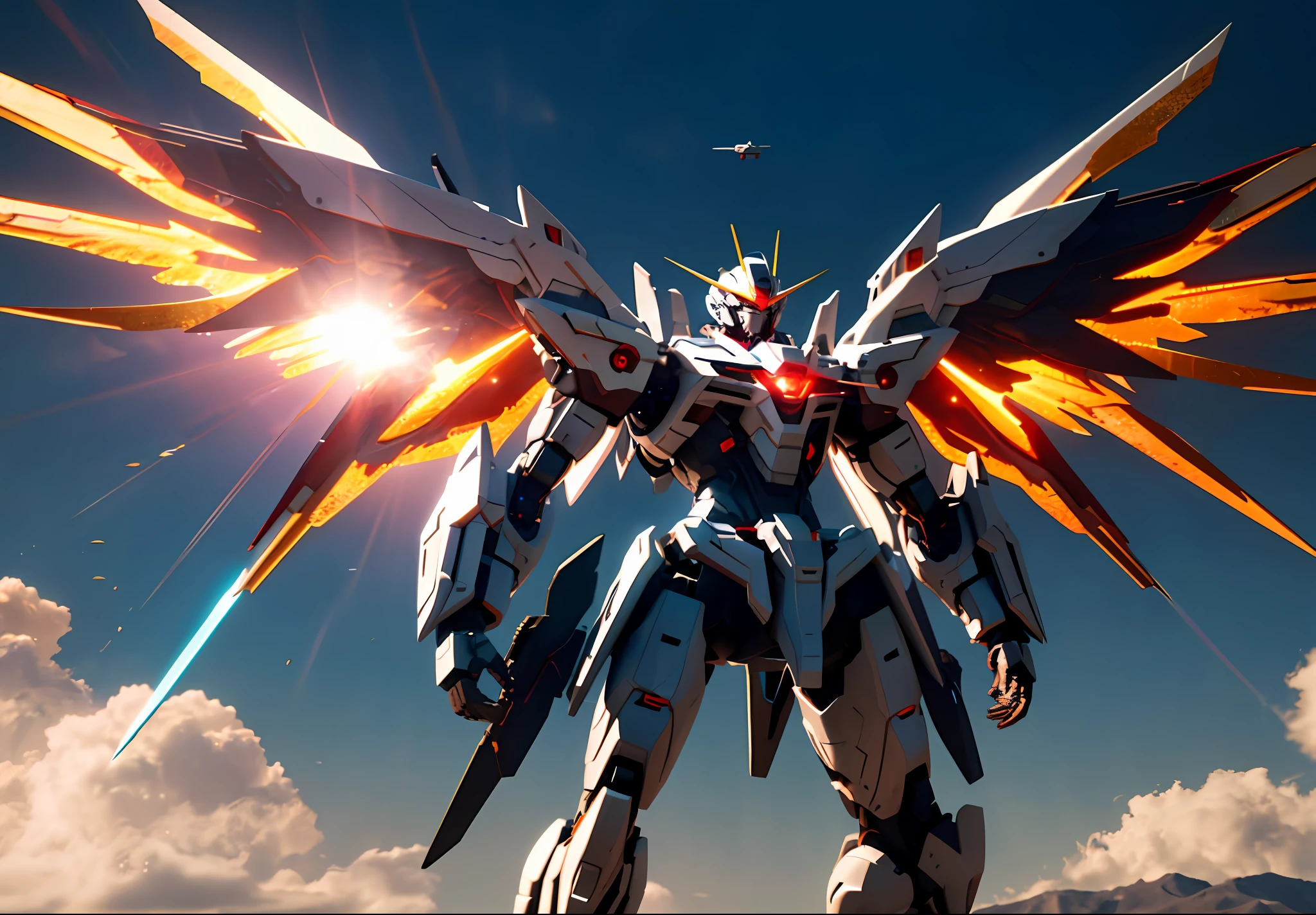 dramatic angle,dynamic angle,an extremely delicate and beautiful mecha, 8k wallpaper,masterpiece,best quality,illustration,mecha, sunlight,sunbeam,backlighting,Contre-Jour,science_fiction, glowing, holding_sword, no_humans, realistic, red_eyes, solo, open_hand, wings, full_body, mechanical_wings, standing, glowing_eye, weapon,  cloud, glowing_eyes, jet, day, sword