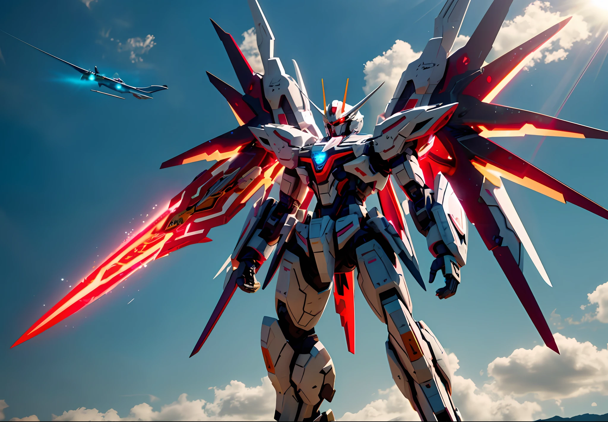 dramatic angle,dynamic angle,an extremely delicate and beautiful mecha, 8k wallpaper,masterpiece,best quality,illustration,mecha, sunlight,sunbeam,backlighting,Contre-Jour,science_fiction, glowing, holding_sword, no_humans, realistic, red_eyes, solo, open_hand, wings, full_body, mechanical_wings, standing, glowing_eye, weapon,  cloud, glowing_eyes, jet, day, sword