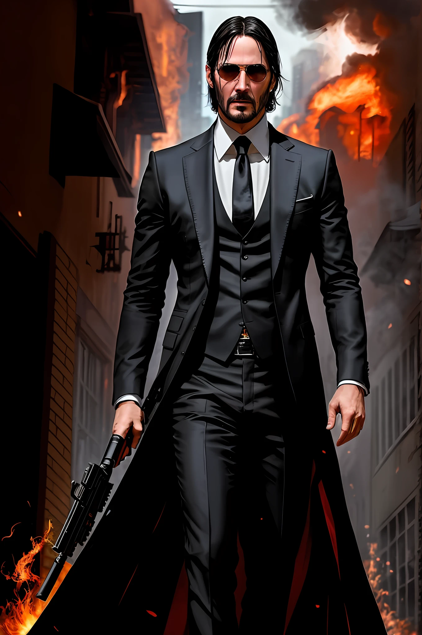 A spectacular photograph depicts John Wick as a magician, roaming the street amid explosions and flames. He holds a gun in one hand, wearing a black wizard's shirt adorned with gold accents and a black robe. Sunglasses adorn his face, while fireballs float around him. The high fantasy setting is filled with explosions and flames, providing a perfect composition. This artwork, available in HD resolutions on DeviantArt and ArtStation, is award-winning concept art, with John Wick's face and body richly detailed. The photography is stunning, capturing even the smallest details of the hands and face, with a backlight that enhances its appearance. With an ultra-realistic 12k quality and traced rays, John Wick's intense gaze is directed at the viewer, providing a cinematic feel.