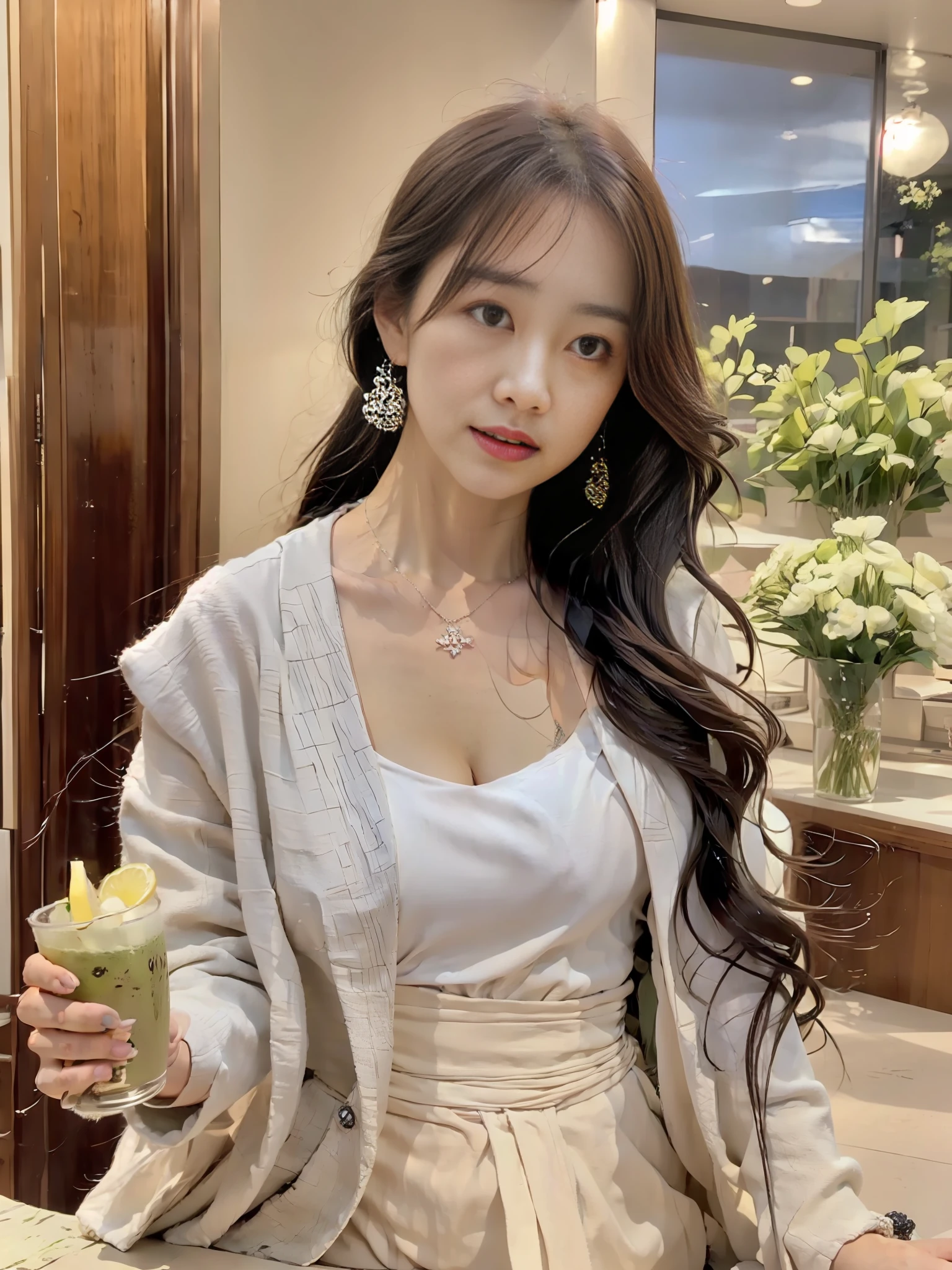 Matcha latte, woman leaning against counter, pale colored Chanel collarless jacket, Mayumi Wakamura, adult woman,  expression, loptin and matcha, tsuyu from twice, drink, 🍸🍋