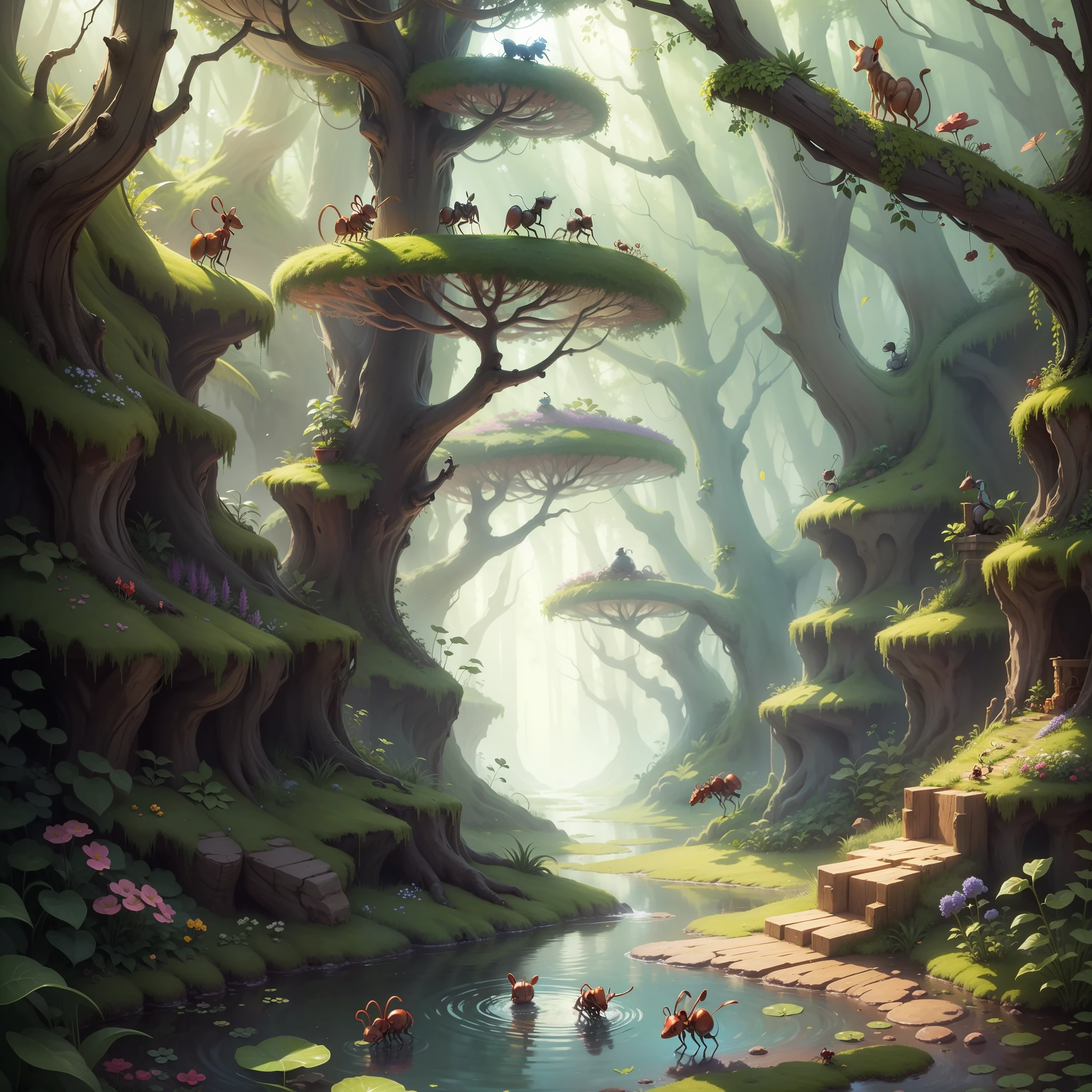 animal ant, watering little plants in the enchanted forest. enchanted world. infantile. magical. --auto --s2