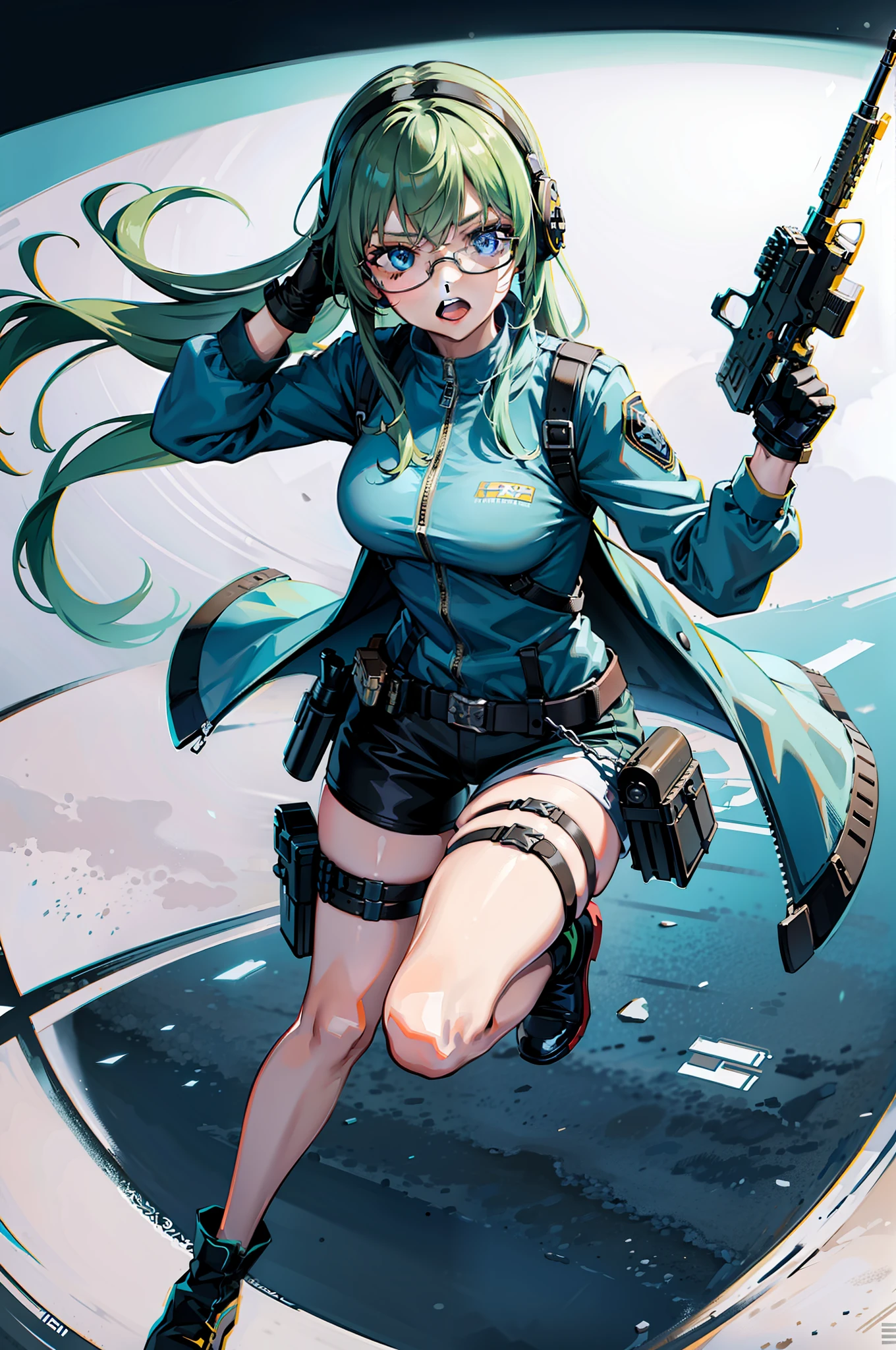 ((best quality)), ((masterpiece)), 1girl, ak-47, assault rifle, blue eyes, bullpup, full body, gloves, green hair, gun, handgun, headset, heckler & koch, holding and aiming gun, holding weapon, holster, kalashnikov rifle, kochiy sanae, m4 carbine, open mouth, pistol, rifle, solo, submachine gun, suppressor, thigh holster, thigh strap, trigger discipline, weapon, glasses