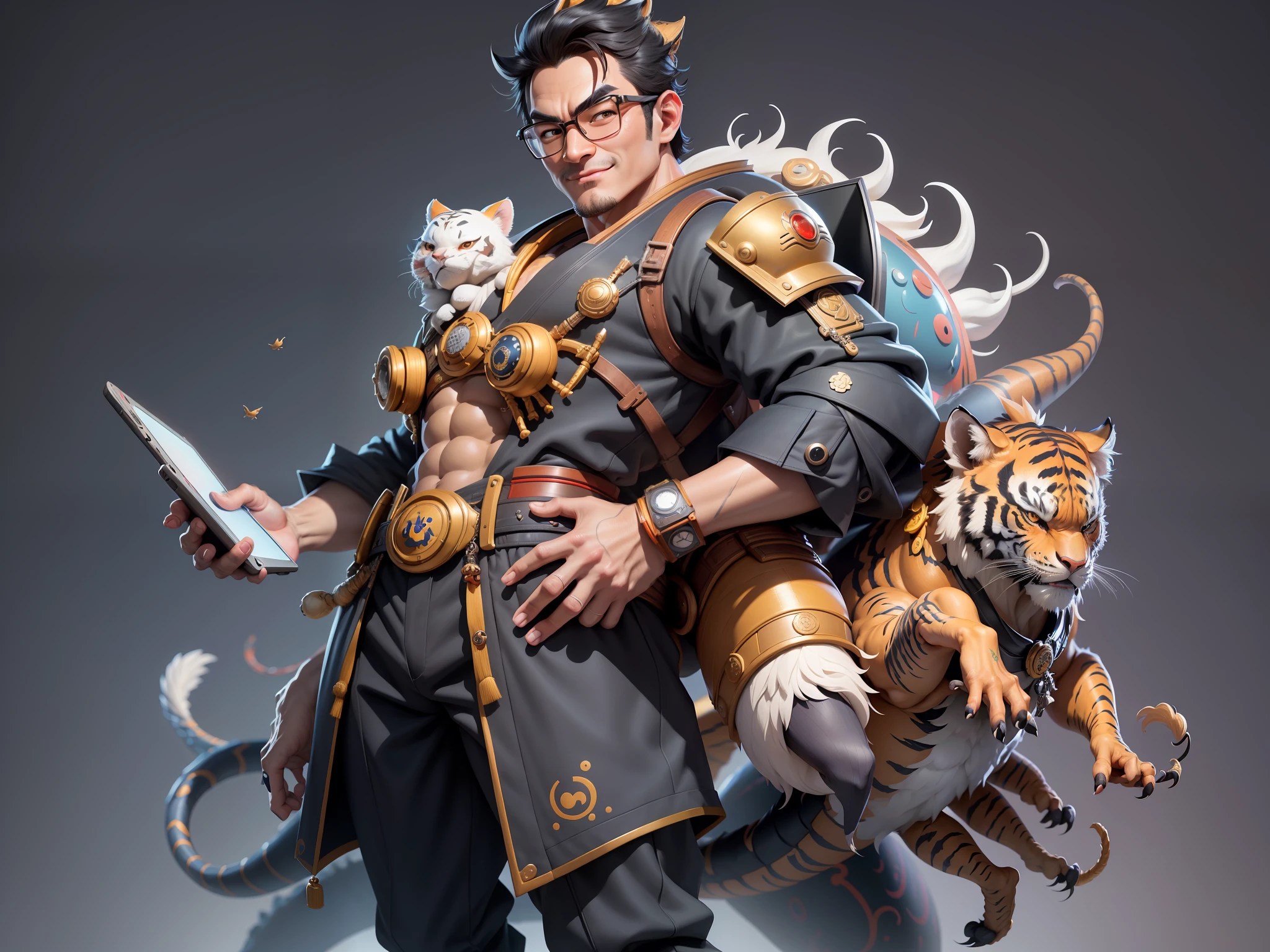 (Masterpiece), (Excellent), (Super Meticulous), (Full Body: 1.2), Super Young Man with Japanese Female Geisha, Pretty, Beautiful, Chinese Dragon, Tiger, Wind God Thor, Sexy, Bursting, Oriental Face, TV Anchor, Bust Portrait Illustration, Black Suit, Blue Tie, Slightly Chubby Face, Silver Glasses, Very Clean Face, No Beard on Chin, Black Super Short Hair, Black Eyes, Confident Smile, 3c Computer Sub-Products, iPad, iPhone, Digital Painting, 3D character design by Mark Clairedon and Pixar and Hayao Miyazaki and Akira Toriyama, the illustrations are HD illustrations in 4K resolution with highly detailed facial features and cartoon-style visuals.