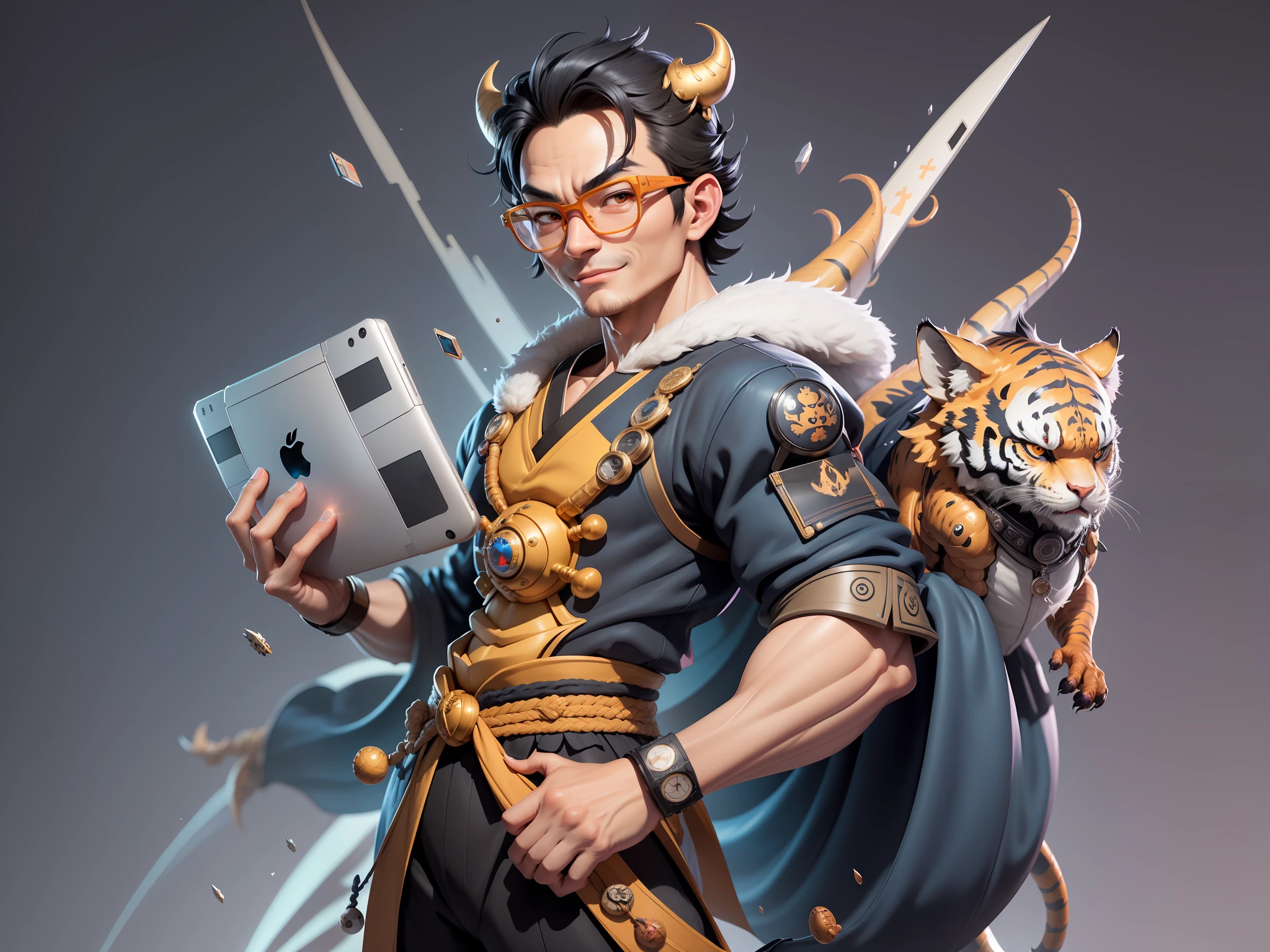 (Masterpiece), (Excellent), (Super Meticulous), (Full Body: 1.2), Super Young Man with Japanese Female Geisha, Pretty, Beautiful, Chinese Dragon, Tiger, Wind God Thor, Sexy, Bursting, Oriental Face, TV Anchor, Bust Portrait Illustration, Black Suit, Blue Tie, Slightly Chubby Face, Silver Glasses, Very Clean Face, No Beard on Chin, Black Super Short Hair, Black Eyes, Confident Smile, 3c Computer Sub-Products, iPad, iPhone, Digital Painting, 3D character design by Mark Clairedon and Pixar and Hayao Miyazaki and Akira Toriyama, the illustrations are HD illustrations in 4K resolution with highly detailed facial features and cartoon-style visuals.