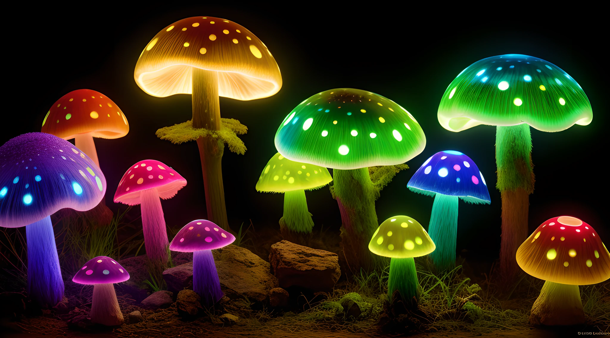 bioluminesent mushrooms, twilight, meditative, contemplative, masterpiece, masterwork, highest quality, highest fidelity, highest resolution, highres, highest detail, (hyper-detailed), detail enhancement, deeply detailed, uhd, hdr, fhd, 8k, 16k, 32k, 64k, caustics, high dynamic range, dynamic tone mapping, intimate