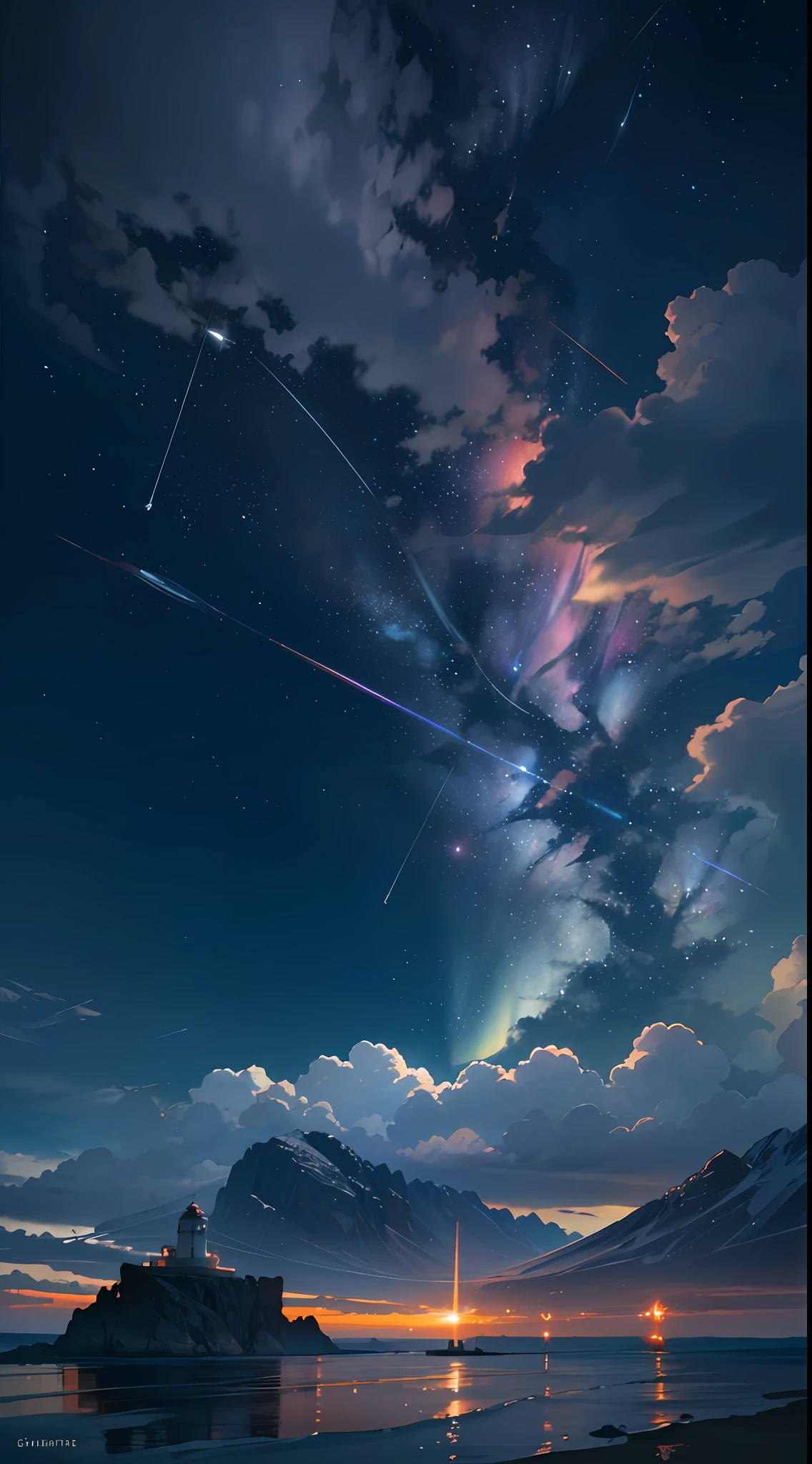 style1-fC, large glowing portal, starry sky, fire, space, milky way, embers, meteor, galaxy, night sky, explosion, sky, night, aurora, fireworks, light particles, burning, planet, twilight, flames, science fiction, starry sky background, sparks, snow, dusk, gradient sky, skyline, sun, evening, nobody, landscape, orange sky, clouds, ruins, diffraction spikes, constellations, light, rays, torch, sunrise, moon, full moon, horizon, sky, ocean,  crescent, cloud, moonlight, water, landscape, earth (planet), beach, shore, cloudy sky, waves, stars (sky), outdoor, mountain, circle, city, foam, 1 girl, lake, solo, long hair, silhouette, bird, boat, blue sky, lens flare, lighthouse, landscape, reflection, building, walking on liquids, river, rising sun, pool, outdoors, sunset, cloudy sky, lightning, desert, mountain, beach, horizon, rocks, --auto --s2
