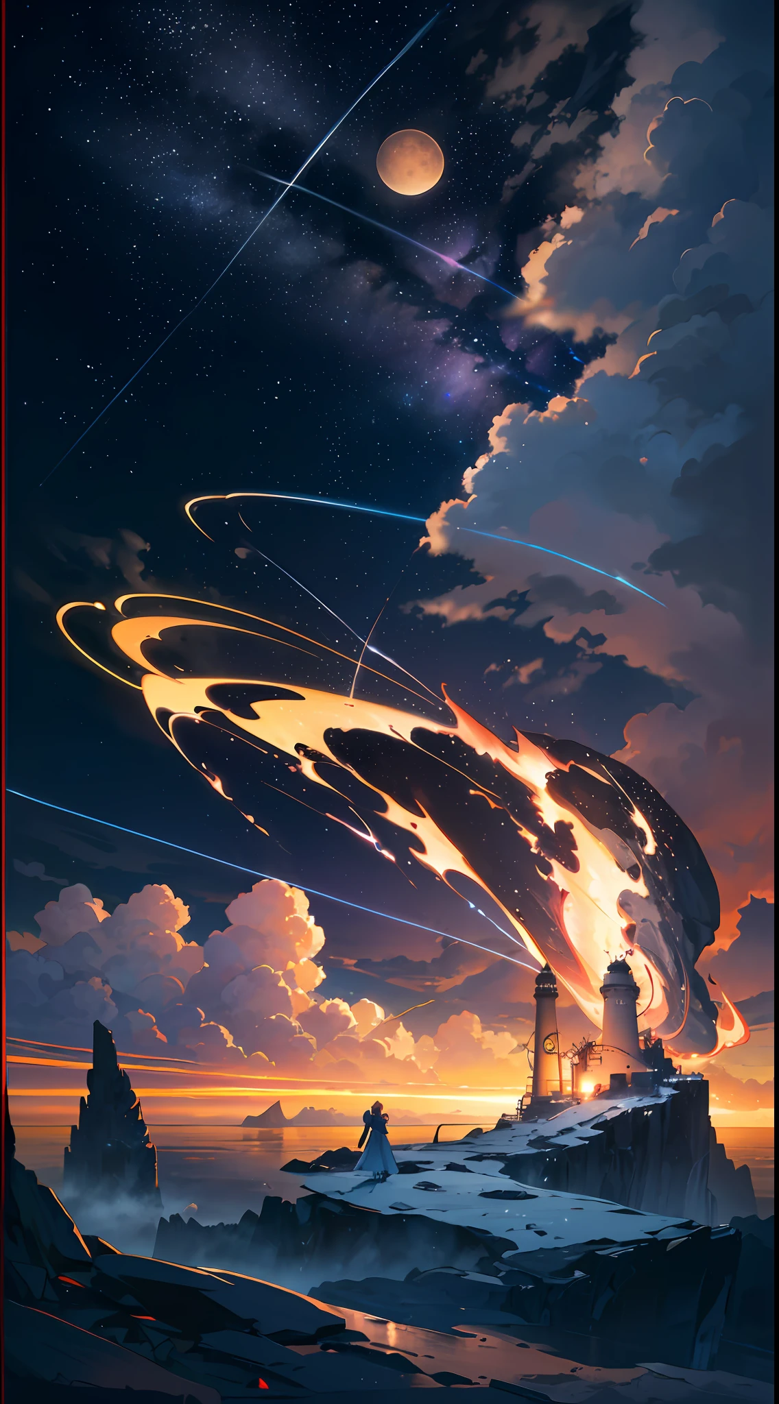 style1-fC, large glowing portal, starry sky, fire, space, milky way, embers, meteor, galaxy, night sky, explosion, sky, night, aurora, fireworks, light particles, burning, planet, twilight, flames, science fiction, starry sky background, sparks, snow, dusk, gradient sky, skyline, sun, evening, nobody, landscape, orange sky, clouds, ruins, diffraction spikes, constellations, light, rays, torch, sunrise, moon, full moon, horizon, sky, ocean,  crescent, cloud, moonlight, water, landscape, earth (planet), beach, shore, cloudy sky, waves, stars (sky), outdoor, mountain, circle, city, foam, 1 girl, lake, solo, long hair, silhouette, bird, boat, blue sky, lens flare, lighthouse, landscape, reflection, building, walking on liquids, river, rising sun, pool, outdoors, sunset, cloudy sky, lightning, desert, mountain, beach, horizon, rocks, --auto --s2