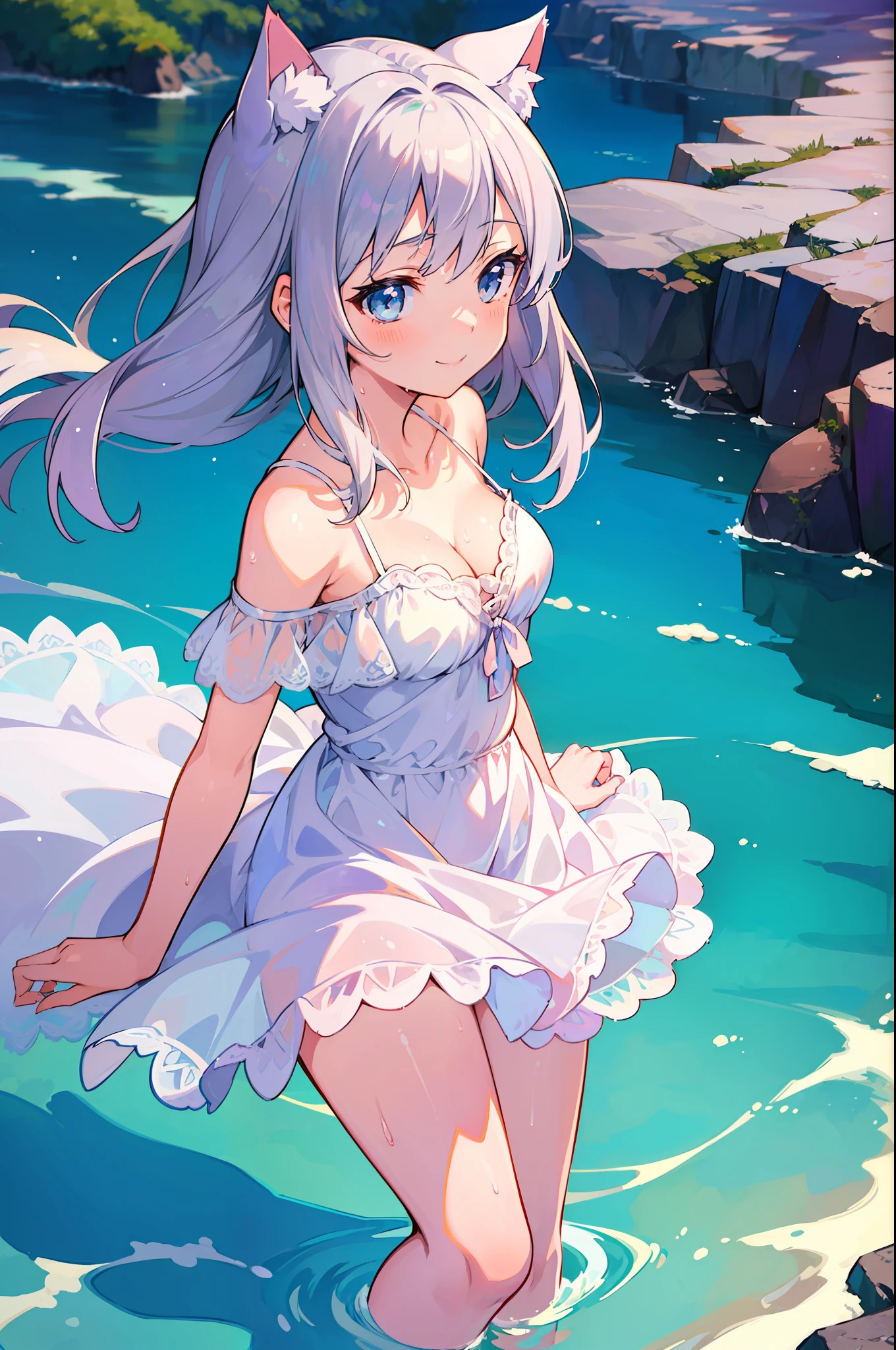 (Masterpiece), (Top Quality Anime Illustration), (Super Definition), One Girl, Solo, Beautiful Girl with Silver Hair, Anime Loli, Cat Ear Loli, Petite, Cleavage Emphasis, Side Boob, Thigh Emphasis, White Lace Sundress, Off Shoulder, Wet Sheer, Smile, South Island Sea, Water