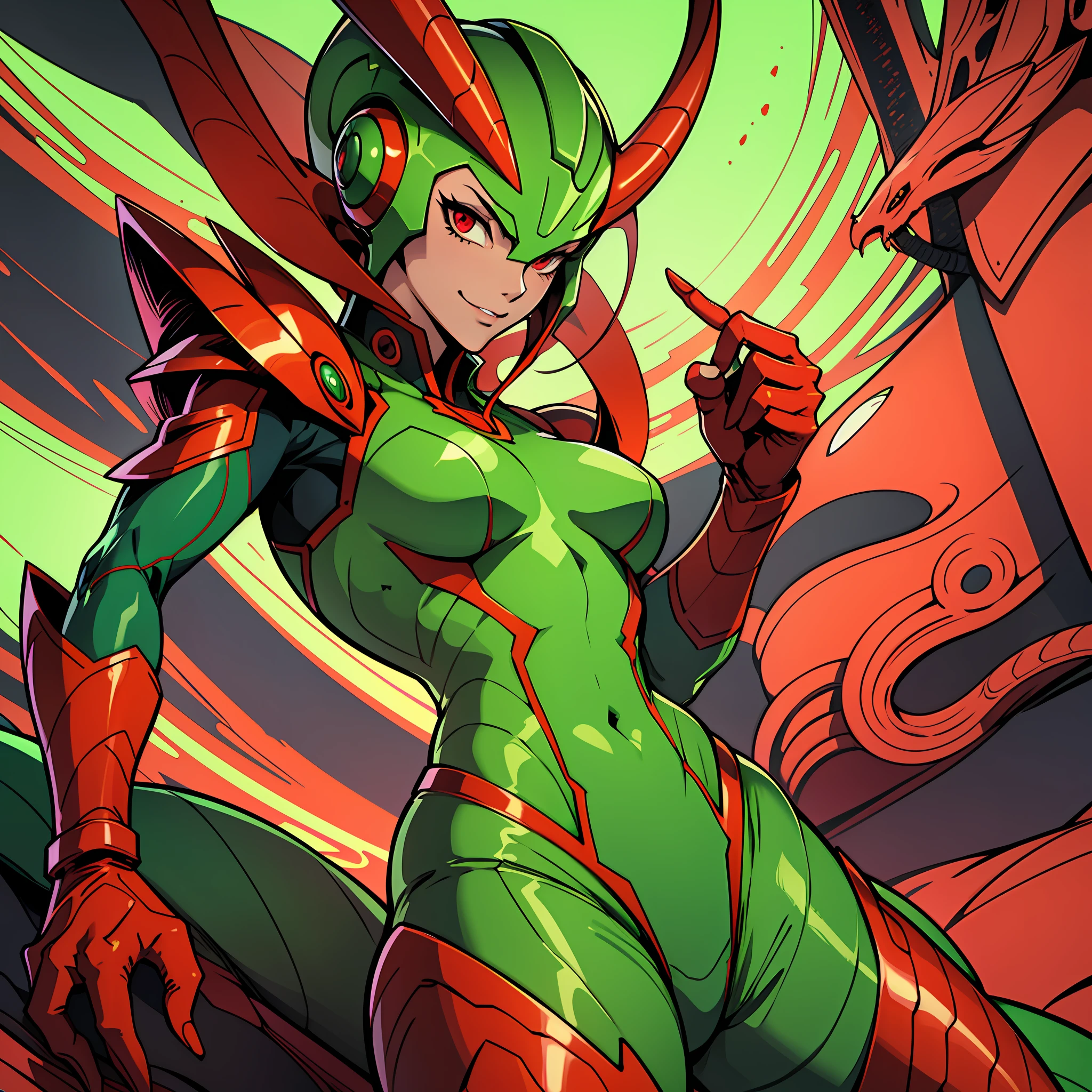 Cartoon photo of woman in green and red costume, hot insect humanoid woman, Guyver style, SFW version, red eye, scaraber reploid, tentacles imitating snake tail, cel shade adult animation, alien queen, serpentine pose, --auto --s2