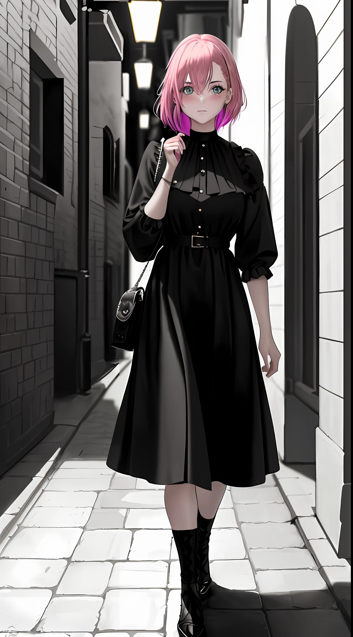"((({{masterpiece}}))), {{best quality}}, {{high definition}}, (1 girl)),, ((handbag)), ((walking)), {{blush nervous scared}, {{t pitch black}}, {{gothic}}, ((dimly dark alley)), {{8k}}, {{detail}}, {{magic}}},, pink hair, mood dress, dark alley