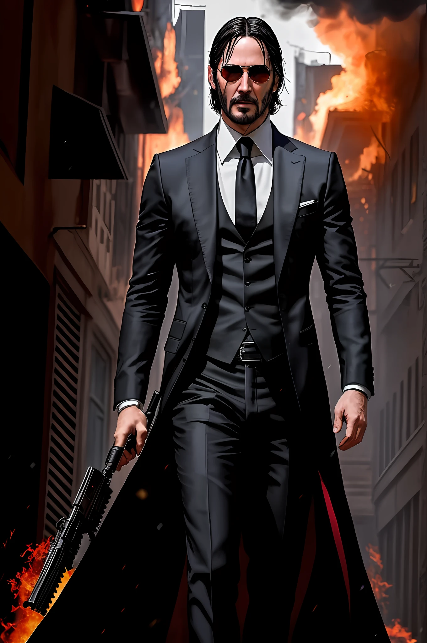 A spectacular photograph depicts John Wick as a magician, roaming the street amid explosions and flames. He holds a gun in one hand, wearing a black wizard's shirt adorned with gold accents and a black robe. Sunglasses adorn his face, while fireballs float around him. The high fantasy setting is filled with explosions and flames, providing a perfect composition. This artwork, available in HD resolutions on DeviantArt and ArtStation, is award-winning concept art, with John Wick's face and body richly detailed. The photography is stunning, capturing even the smallest details of the hands and face, with a backlight that enhances its appearance. With an ultra-realistic 12k quality and traced rays, John Wick's intense gaze is directed at the viewer, providing a cinematic feel.