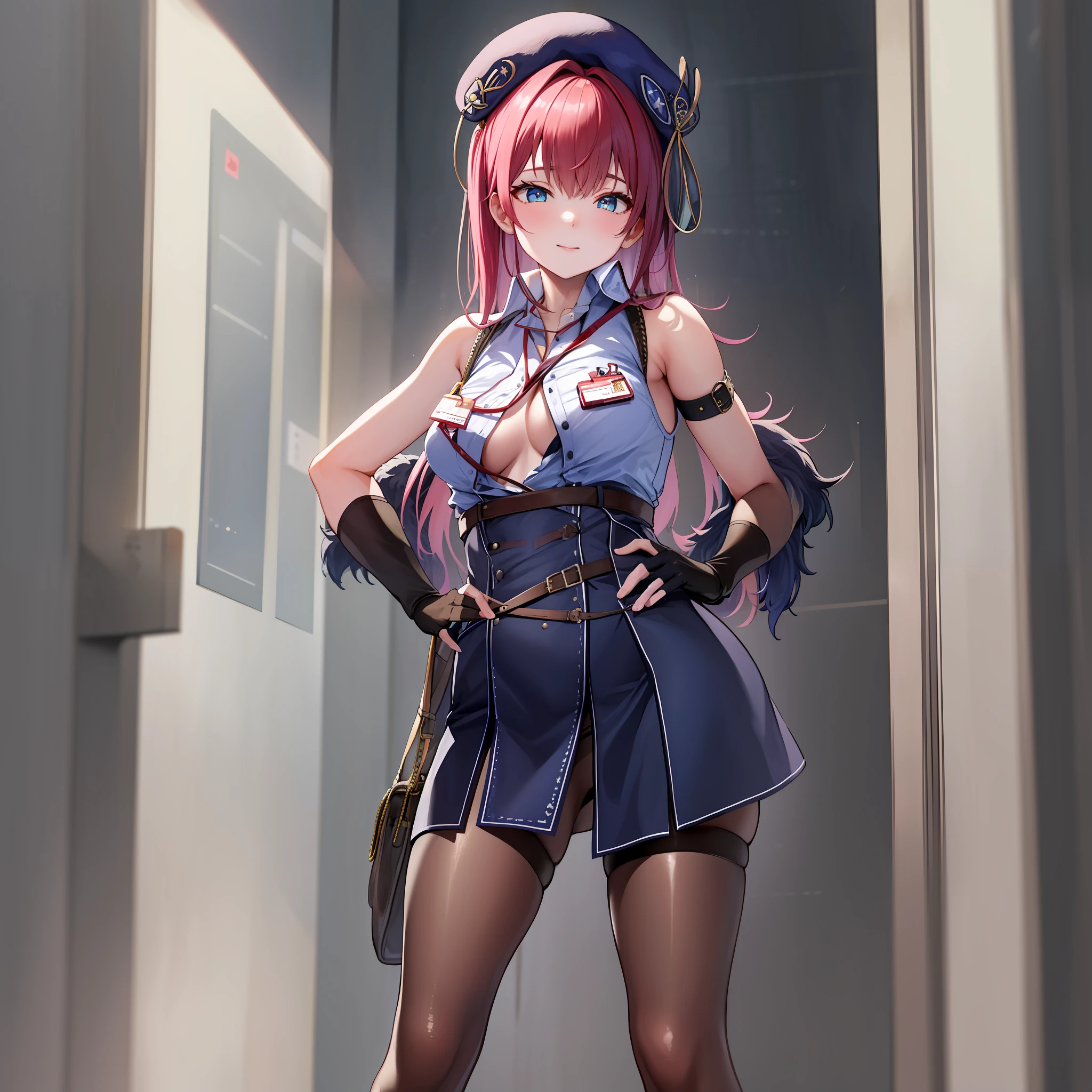 ((Masterpiece)), (Best Quality), marine_beret, Collared Shirt, Sleeveless, High-waisted Skirt, Pantyhose, Blue Jacket, Fur Embellishment, Fingerless Gloves, ID Card, (NSFW: 1.6), Full Body, Solo